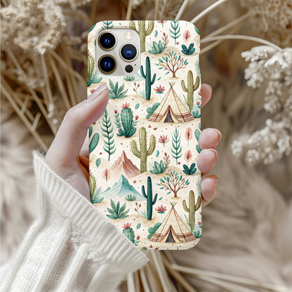 Desert Scene With Cacti Mountains and Tent Custom Phone Case - Walk Greener