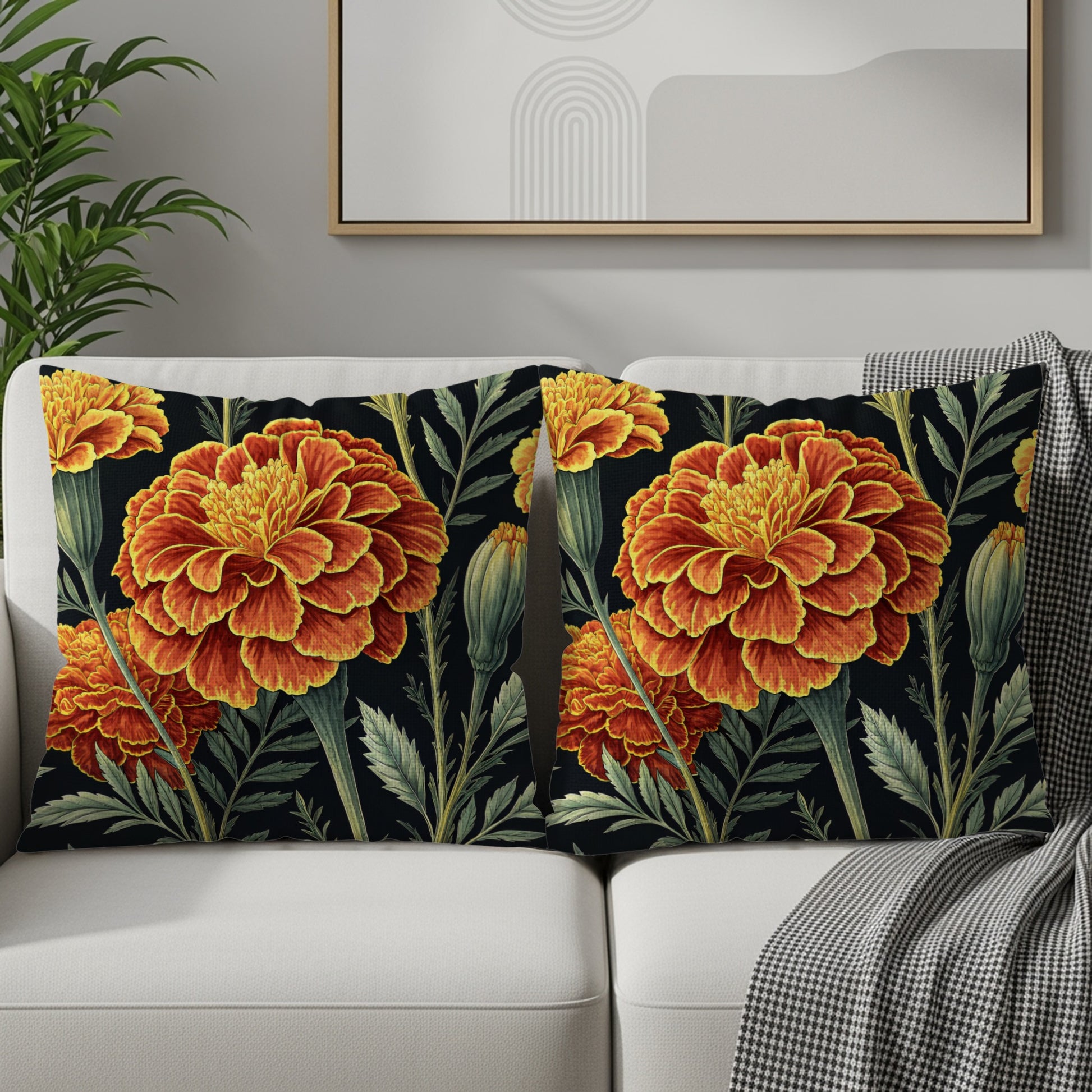 Orange Yellow Marigold Floral Art Pattern Decorative Floral Throw Pillows - Walk Greener
