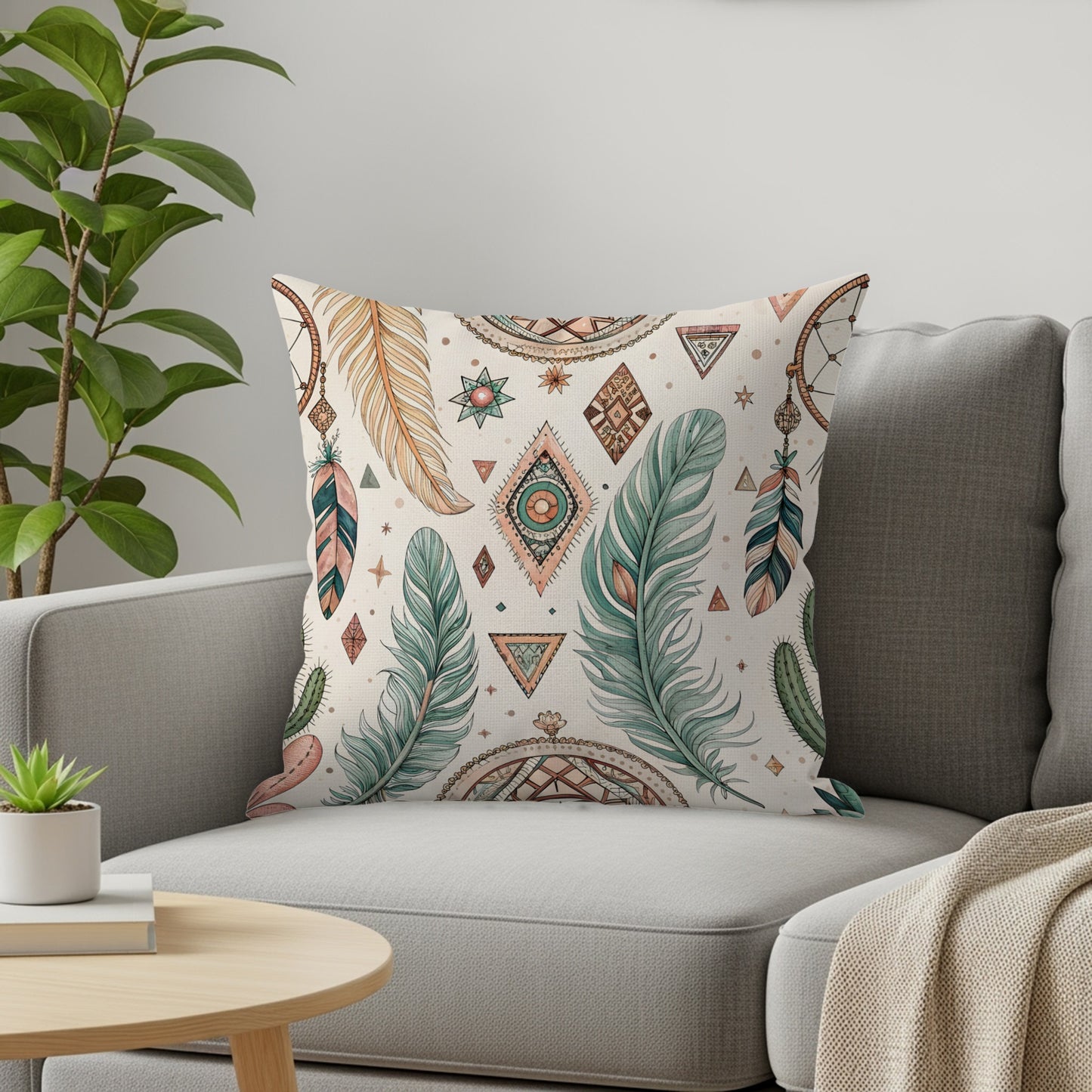 Bohemian Feather and Geometric Design Pillow product