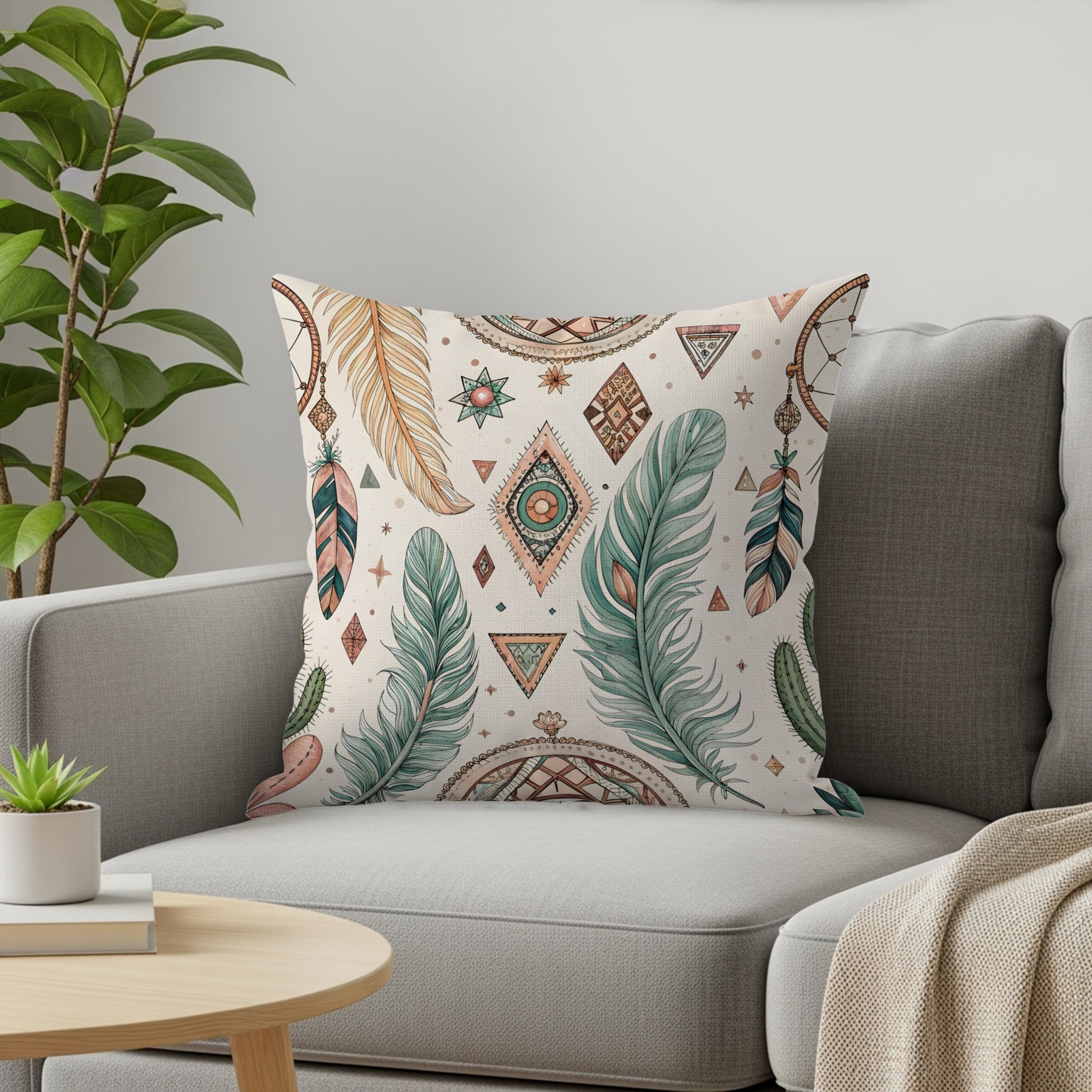 Bohemian Feather and Geometric Design Pillow product