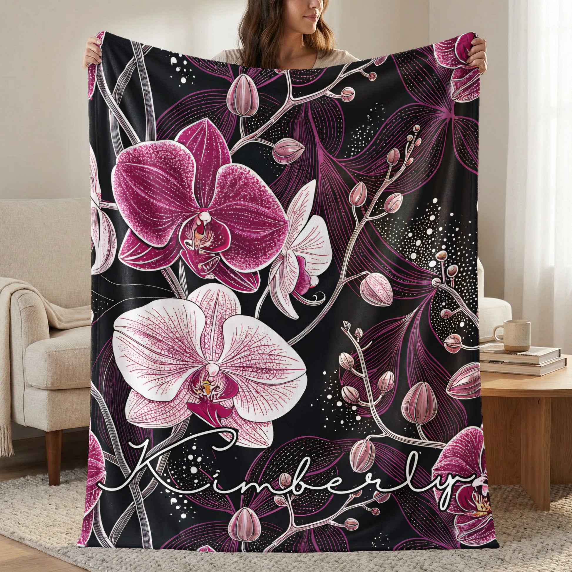 Personalized Floral Design Throw Blanket Custom Name