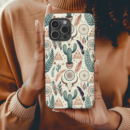 Boho cactus and feather patterned phone case laid flat to show the full repeating design