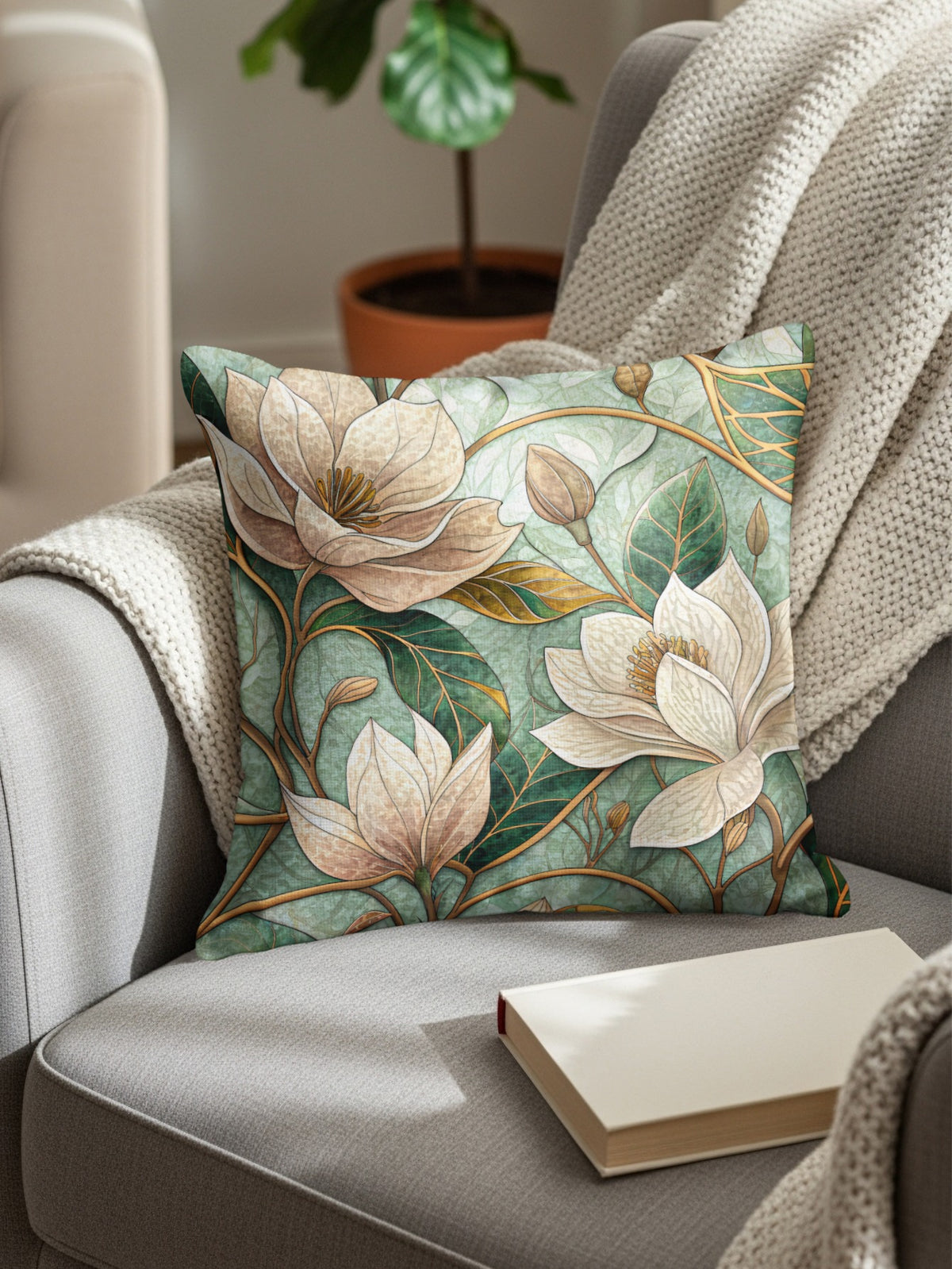 Beautiful Magnolia Flowers Green Leaves Artistic Style Throw Pillows - Walk Greener