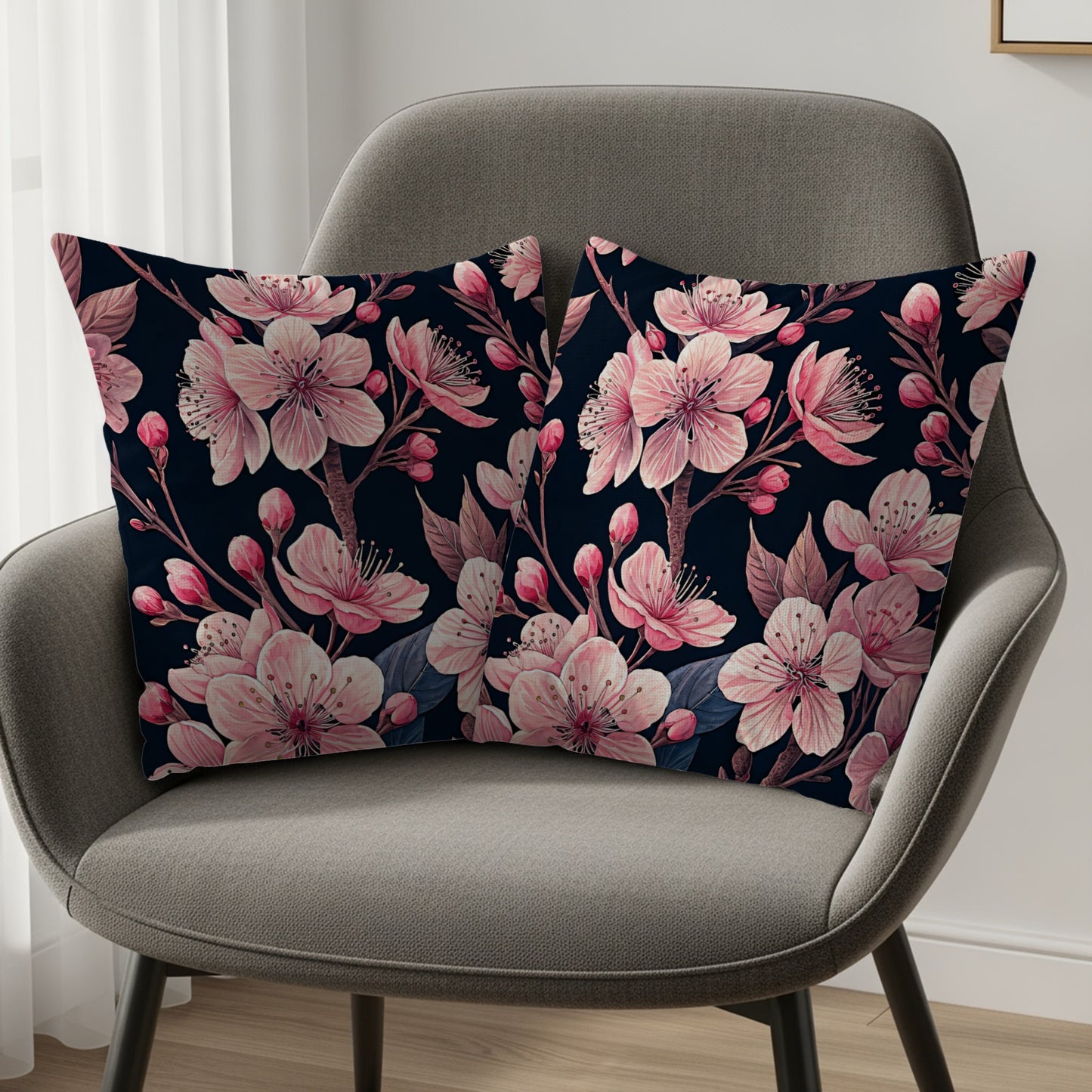 Delicate Pink Blossoms on Dark Branching Decorative Floral Throw Pillows - Walk Greener