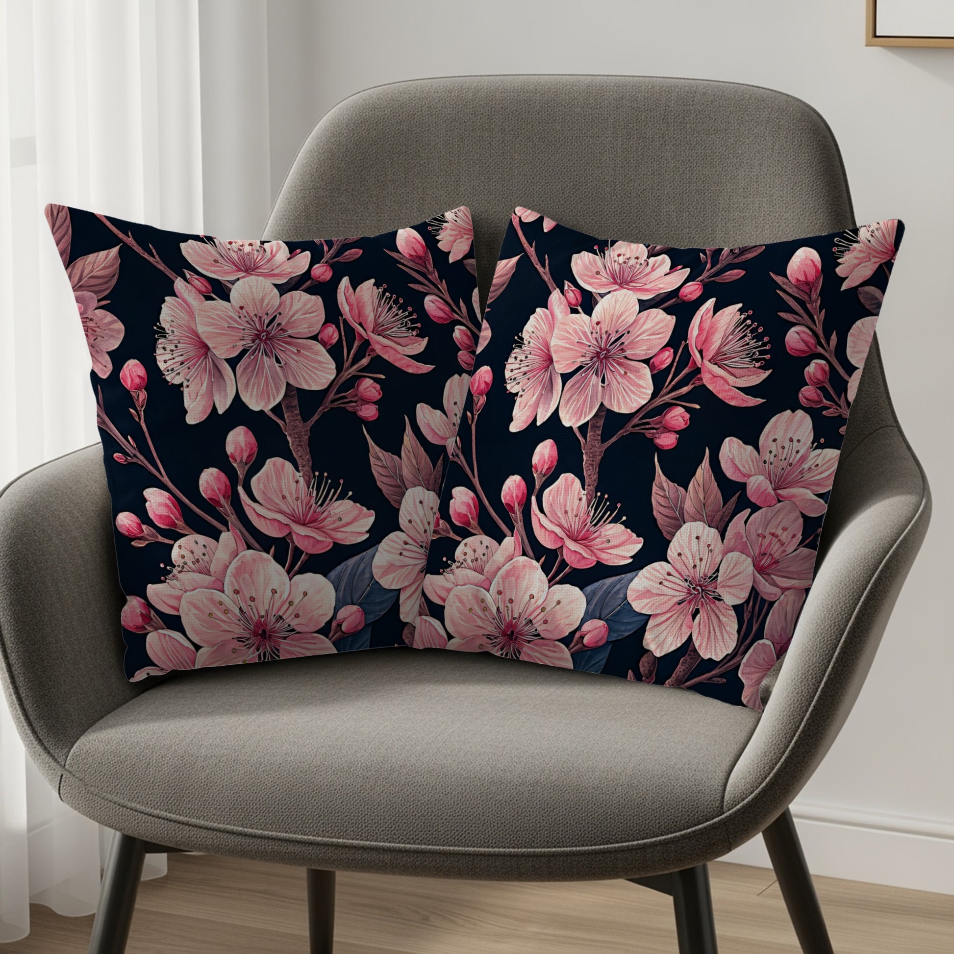 Delicate Pink Blossoms on Dark Branching Decorative Floral Throw Pillows - Walk Greener
