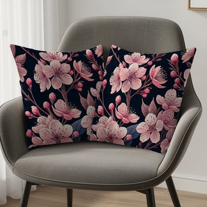 Delicate Pink Blossoms on Dark Branching Decorative Floral Throw Pillows - Walk Greener