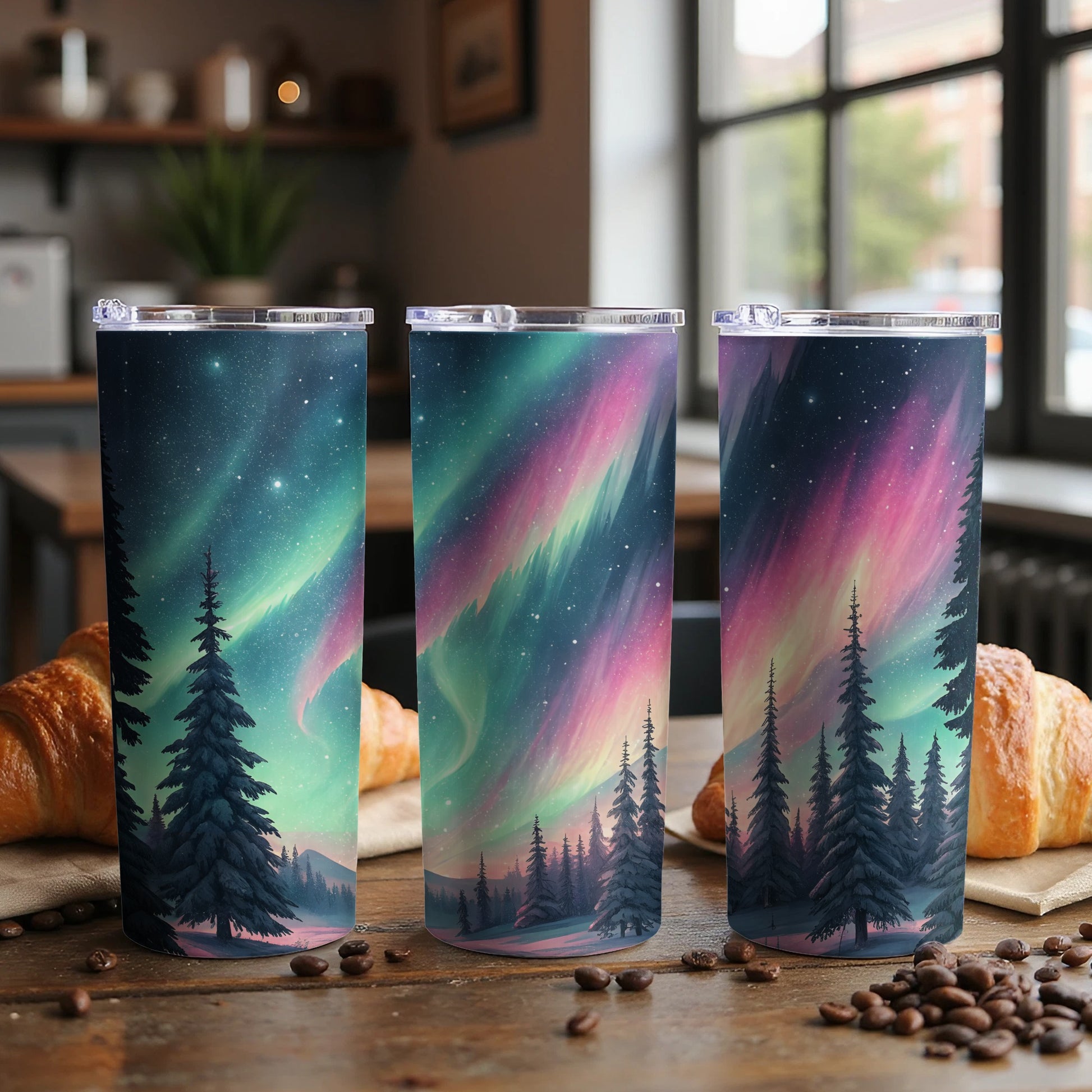 Aurora Borealis Scene with Winter Trees Design Tumbler - Walk Greener