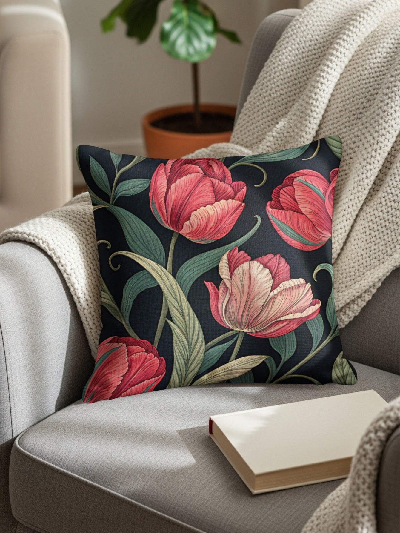 Elegant Red Tulips Seamless Pattern Decorative Floral Throw Pillows - Walk Greener