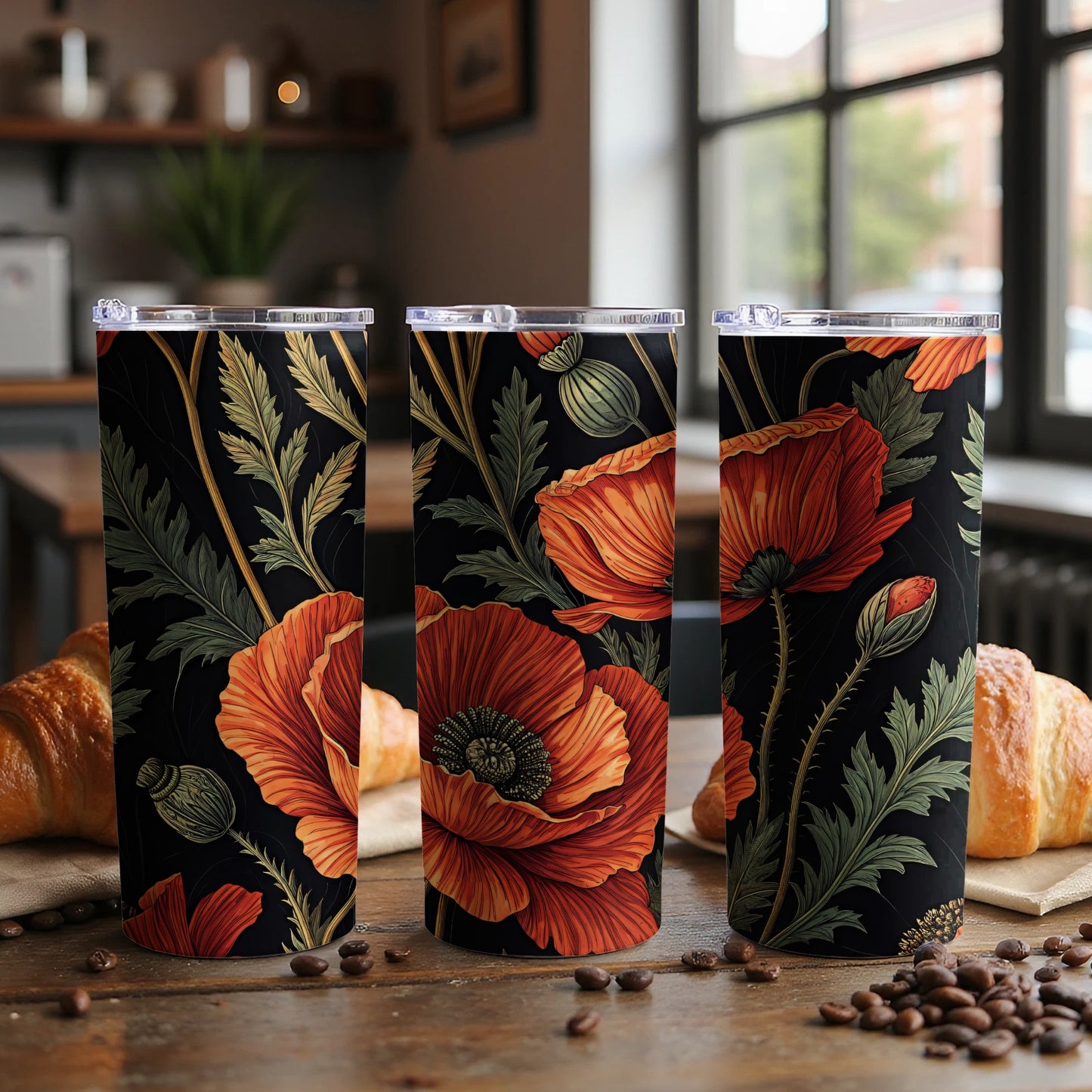 Elegant Floral Design Travel Tumbler with Poppy Pattern