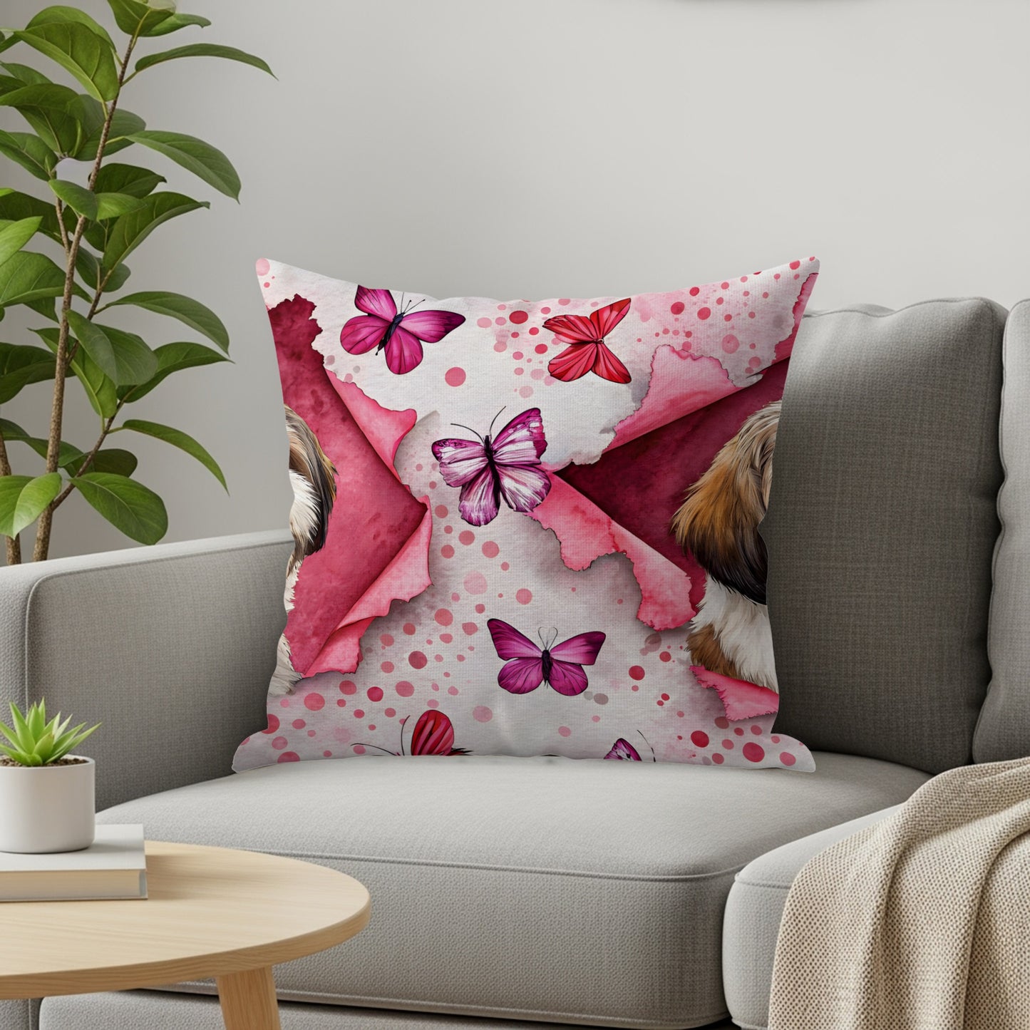 Pink Butterfly and Dog Design Throw Pillow Product