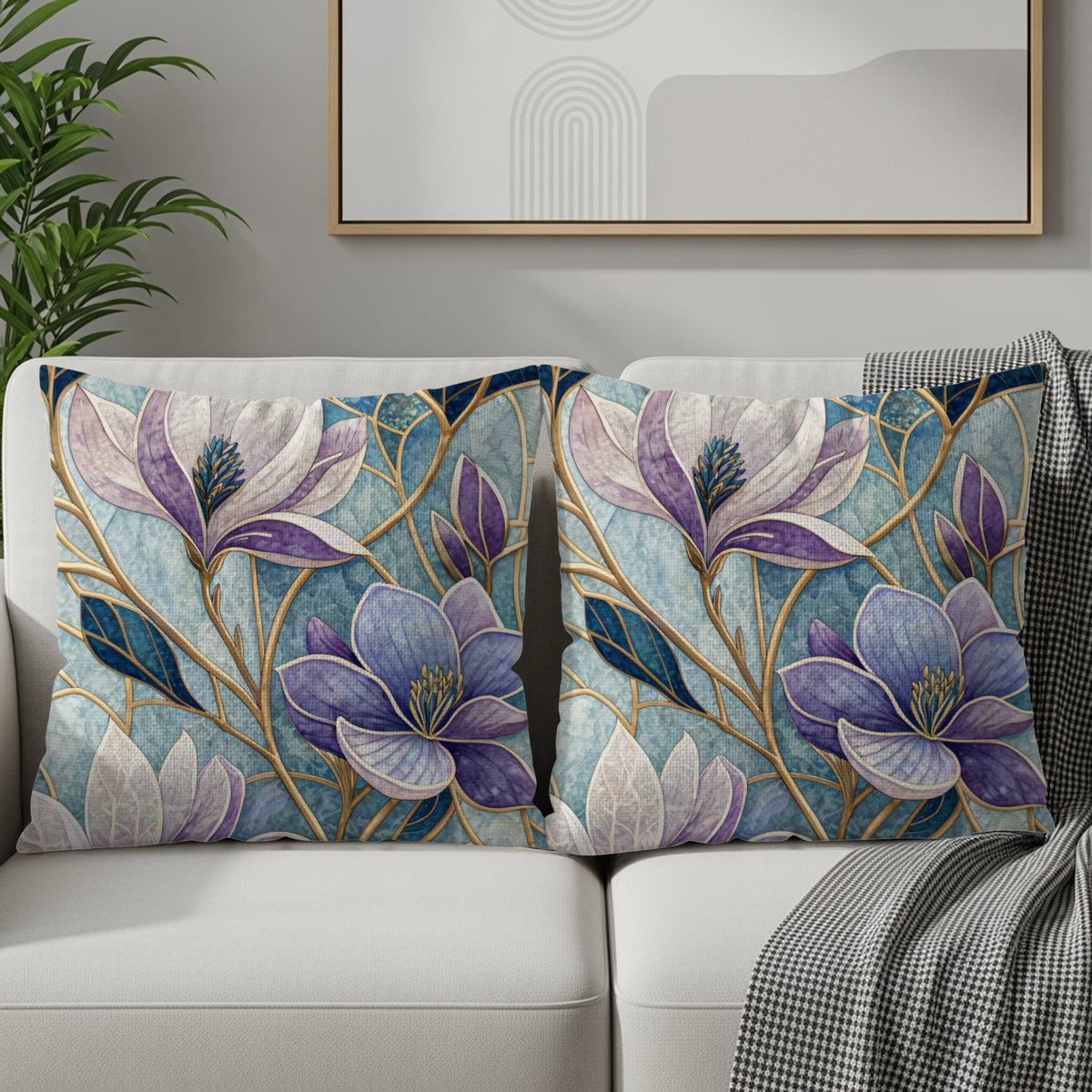 Elegant Floral Mosaic Blue and Purple Flowers Throw Pillows - Walk Greener