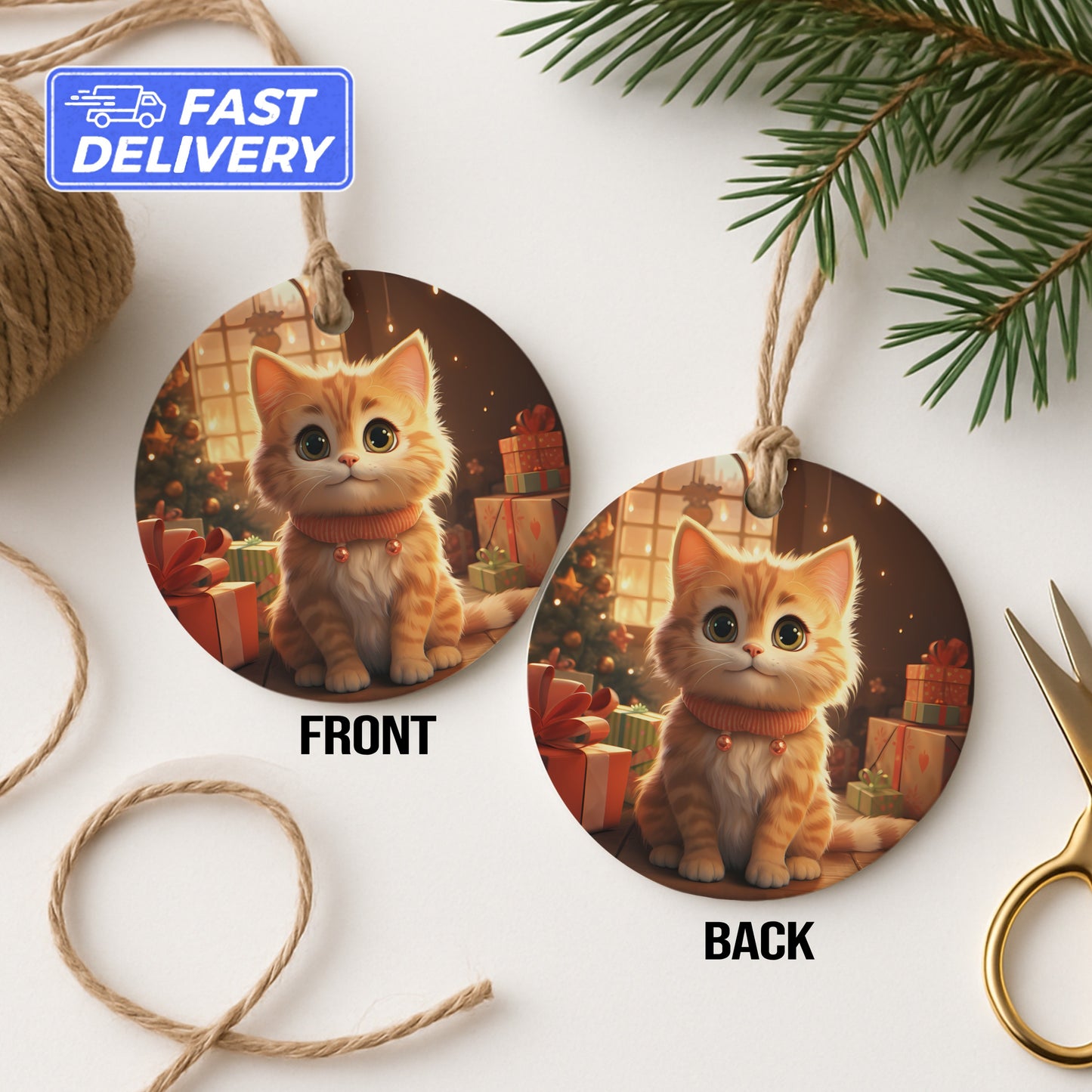 Cute Festive Kitten Double Sided Holiday Ornament product