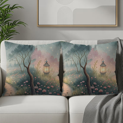 Serene Lantern and Tree Design Throw Pillow Set