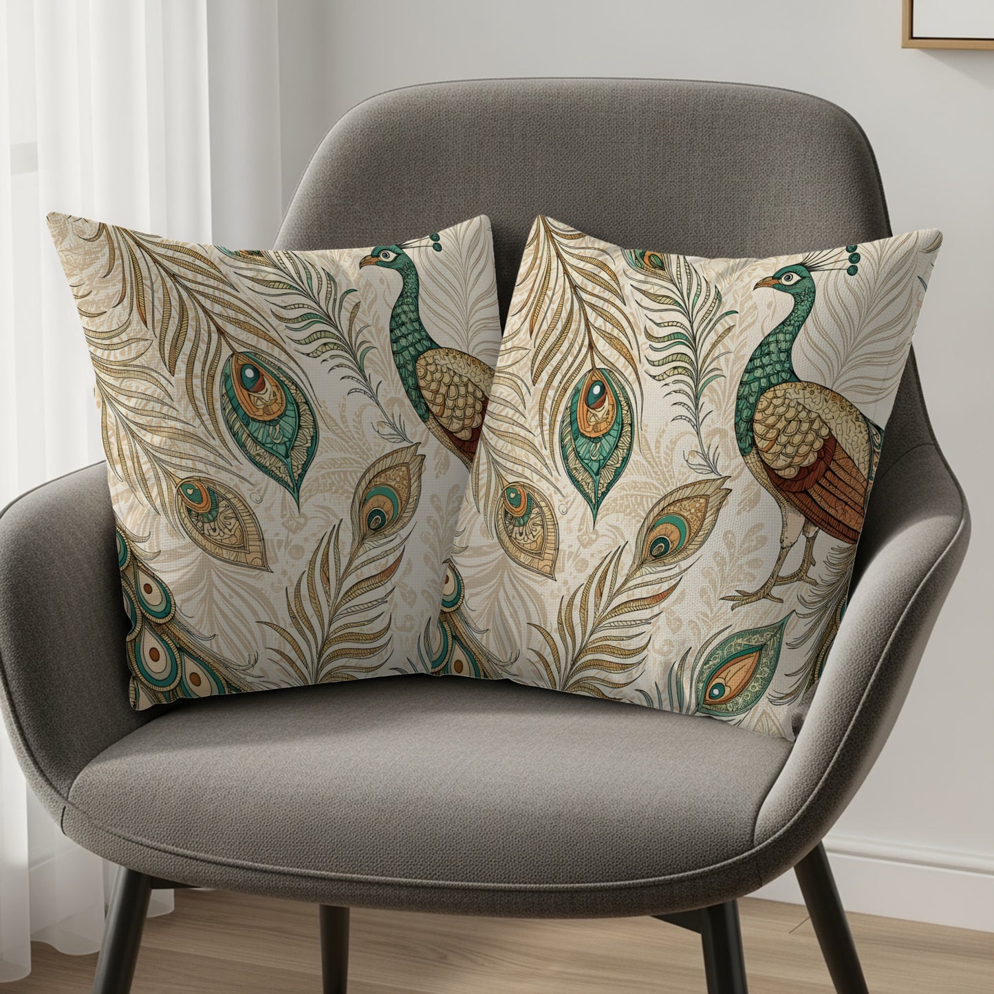 Elegant Peacock and Feather Design Throw Pillows