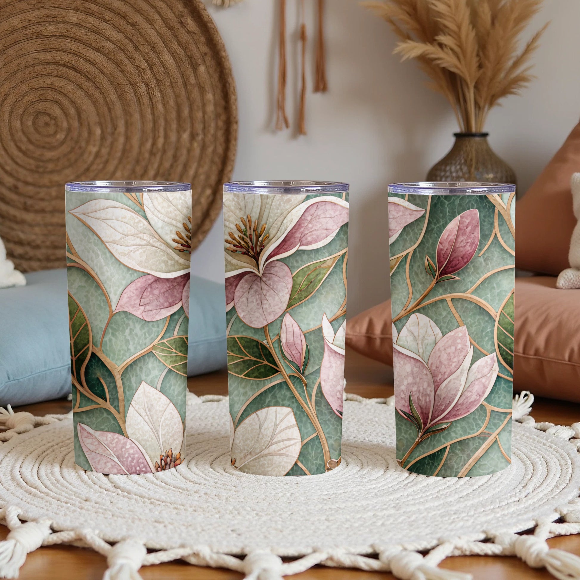 Magnolia Flowers Art Deco Style Watercolor Floral Design 20 oz Skinny Tumbler - Walk Greener