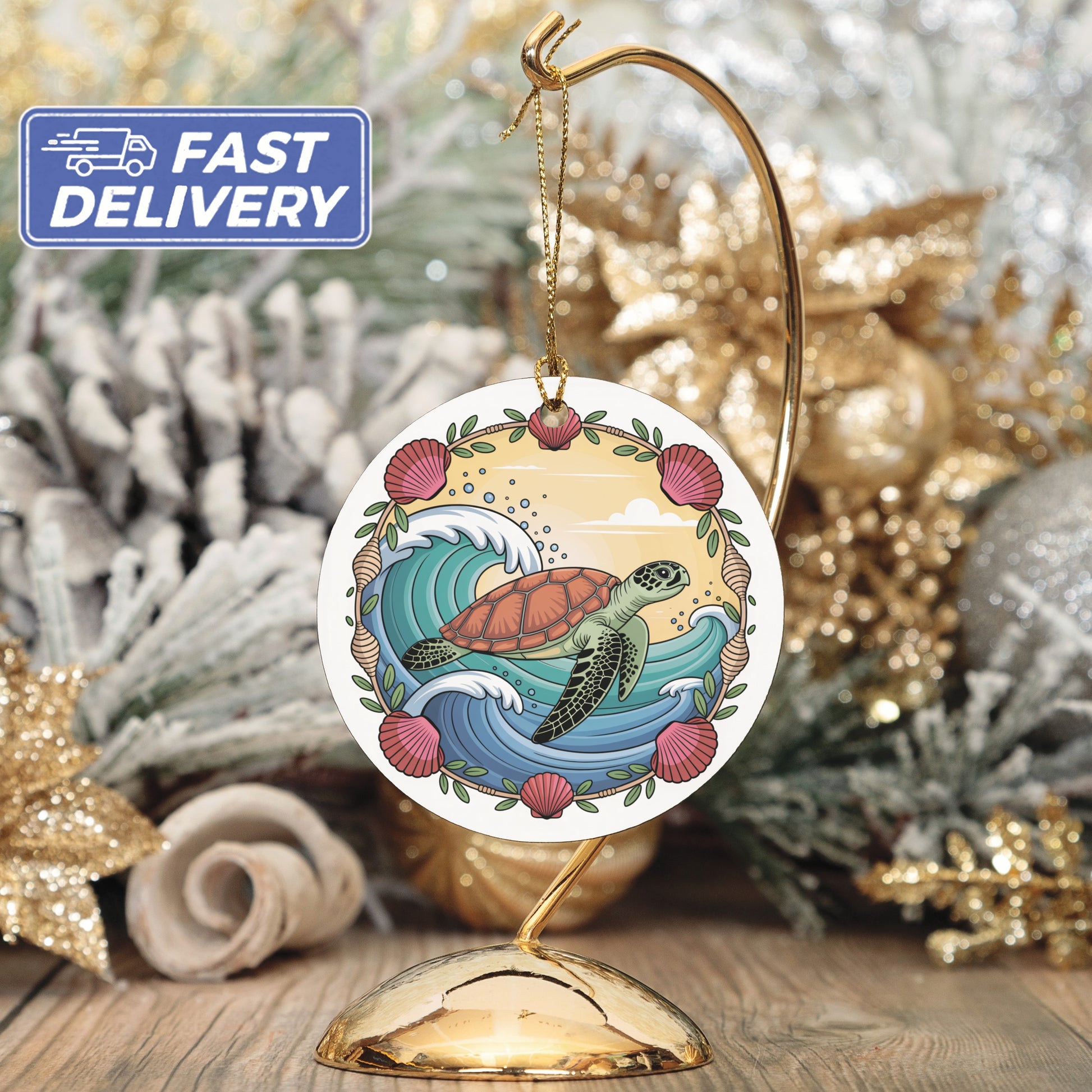 Sea Turtle Ornament with Waves Art product