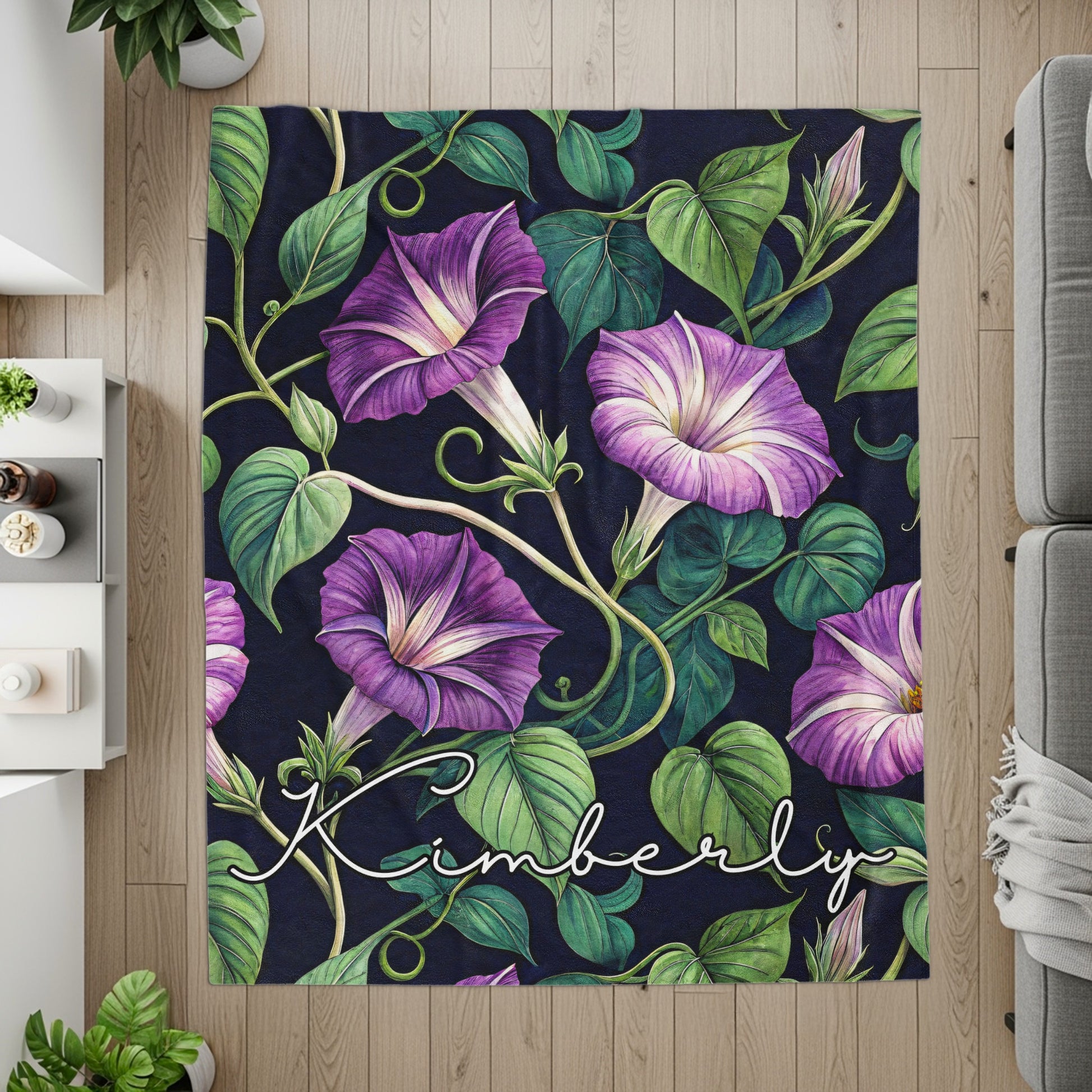 Personalized Botanical Flower Design Rug with Name Kimberly