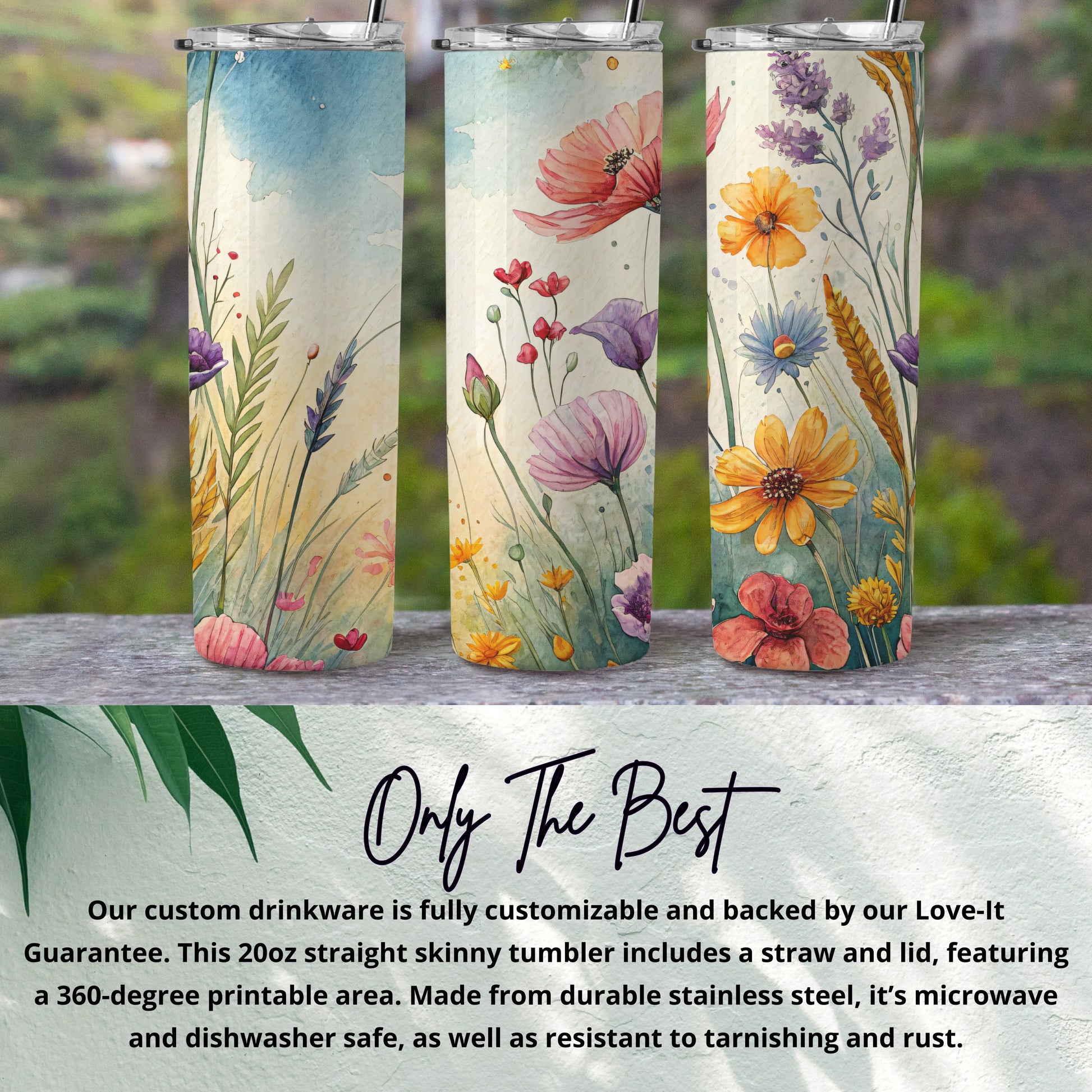 Watercolor Floral Field Design Beautiful Flower Art 20 oz Skinny Tumbler - Walk Greener