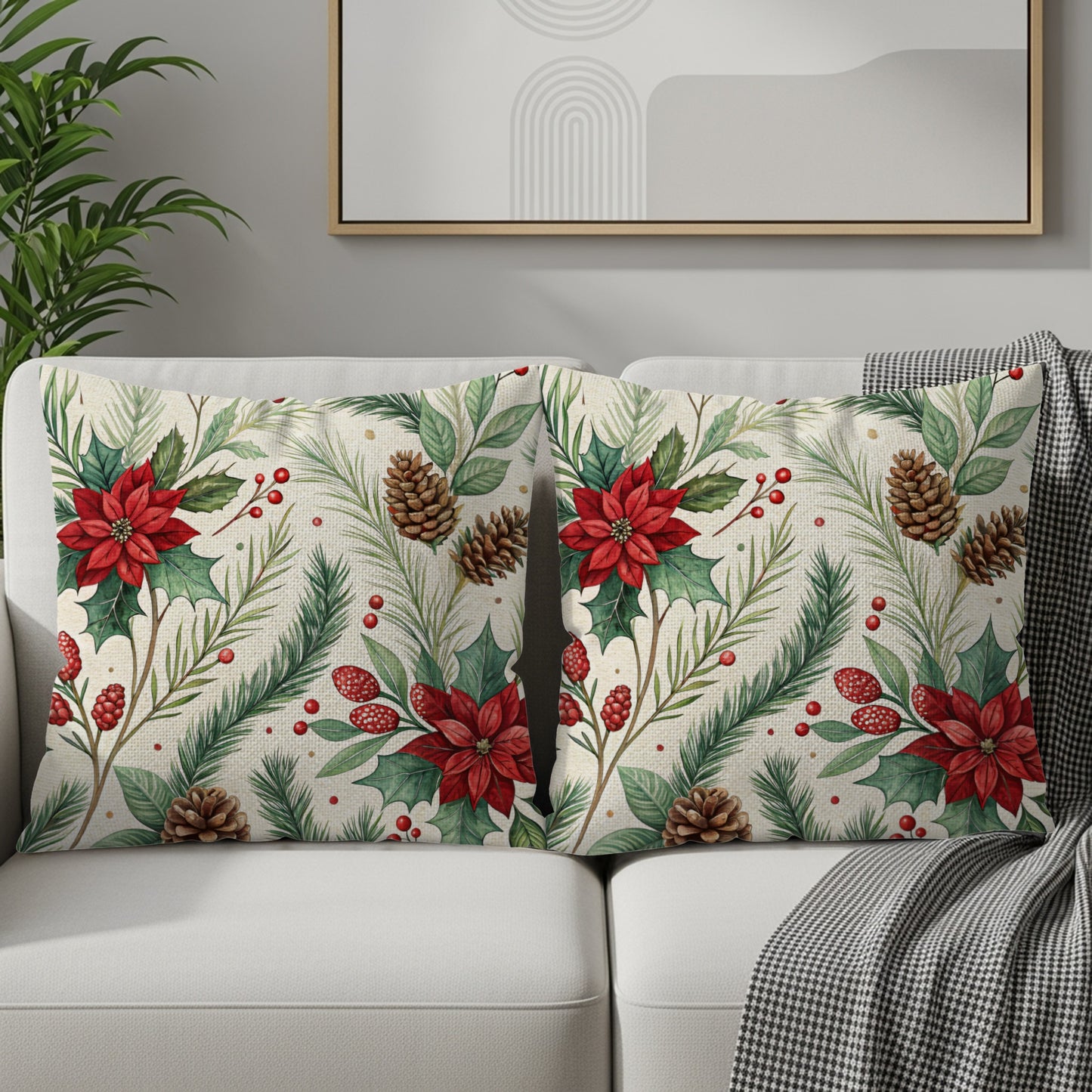 Festive Holiday Pine and Poinsettia Throw Pillow Cover
