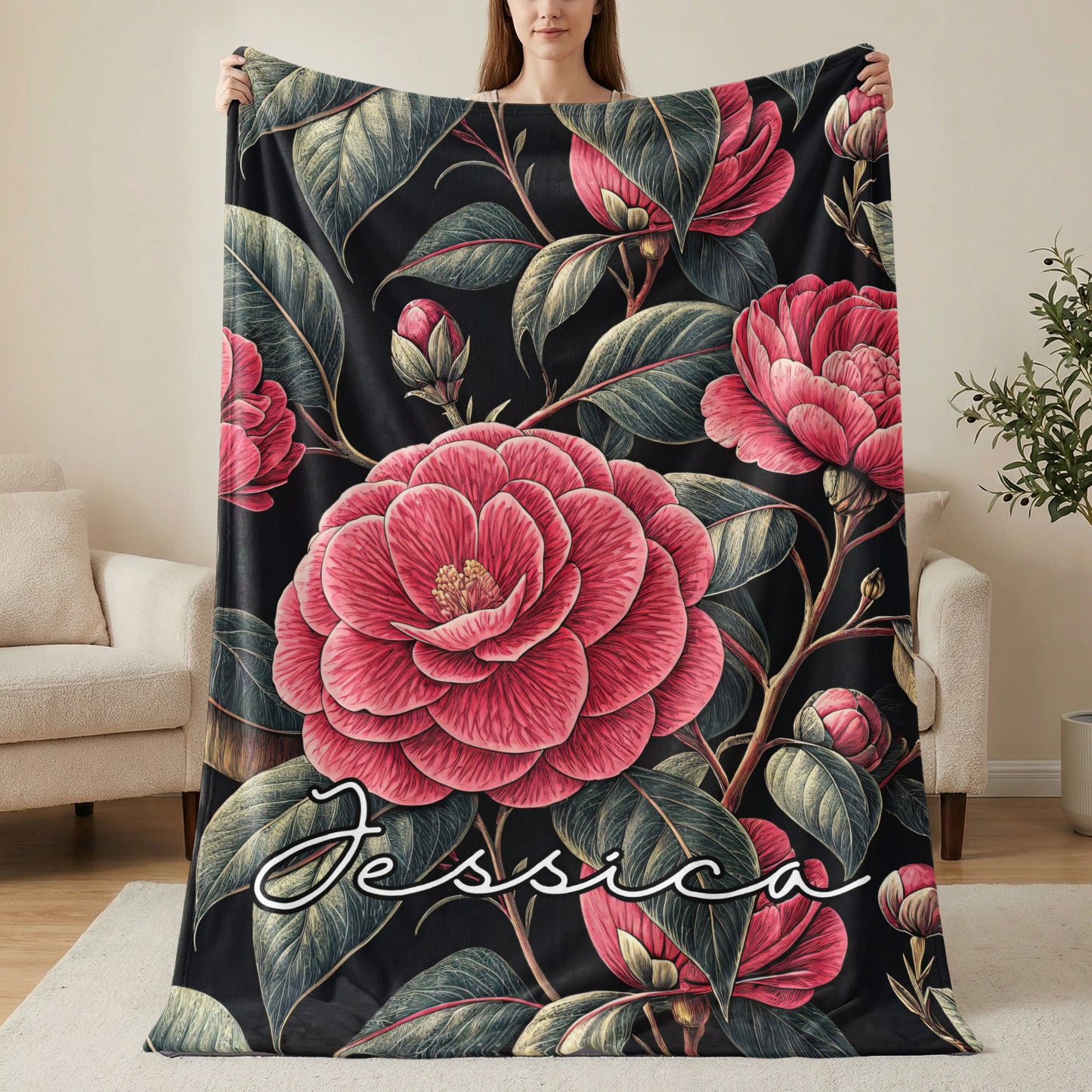 Personalized Floral Rose Design Blanket with Name Jessica