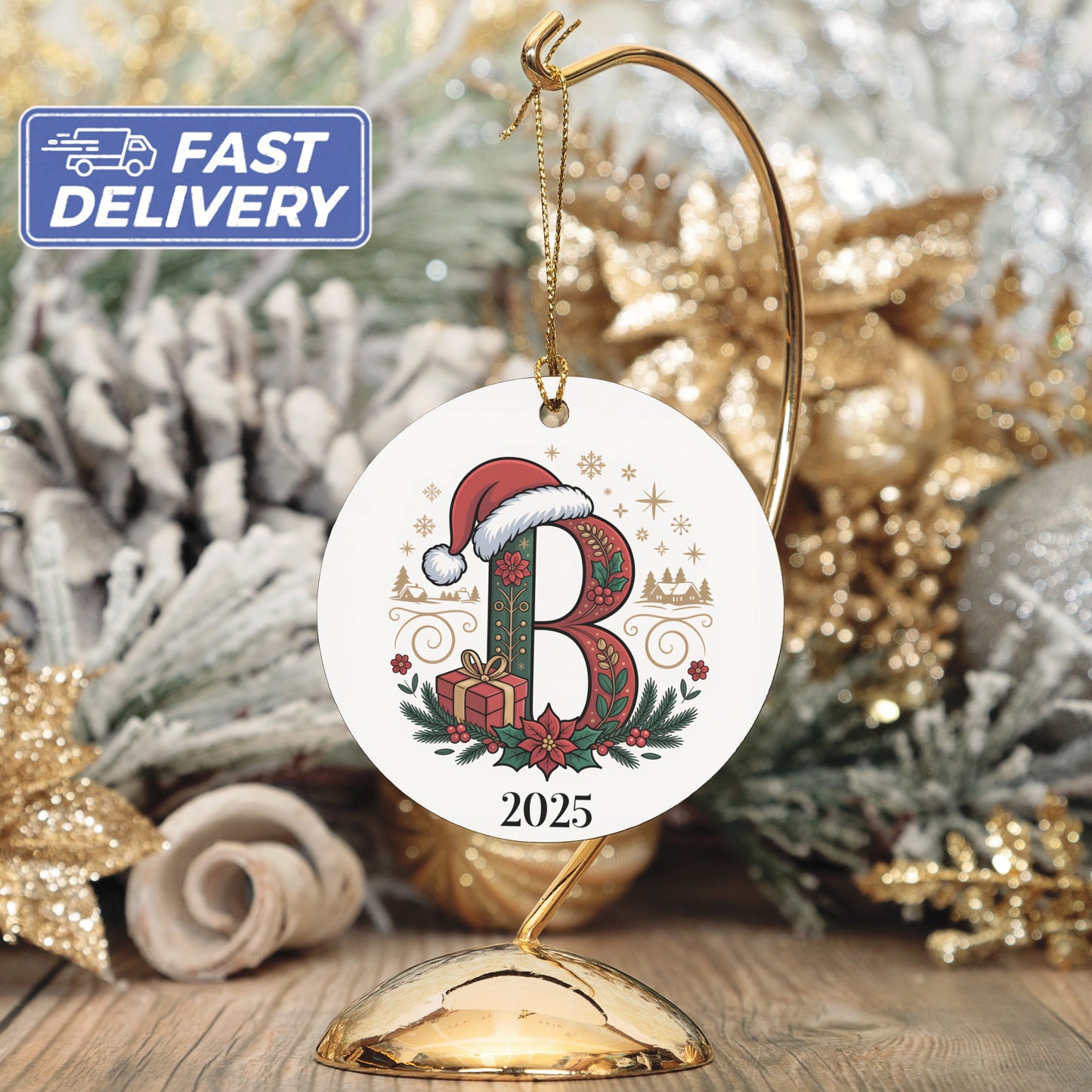 Personalized Santa Hat Initial 2025 Holiday Ornament product