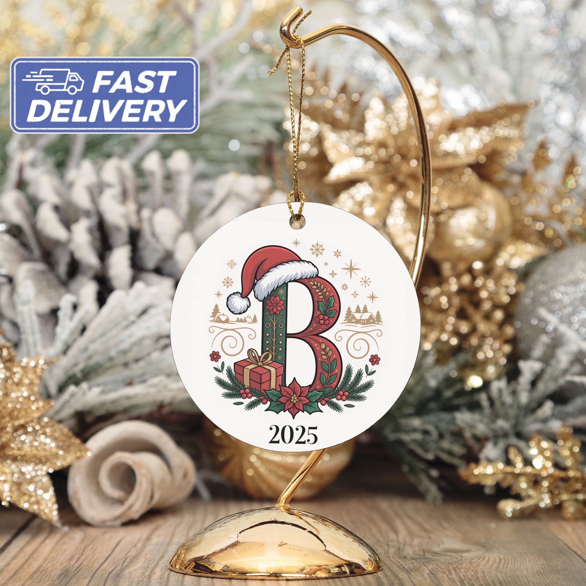 Personalized Santa Hat Initial 2025 Holiday Ornament product