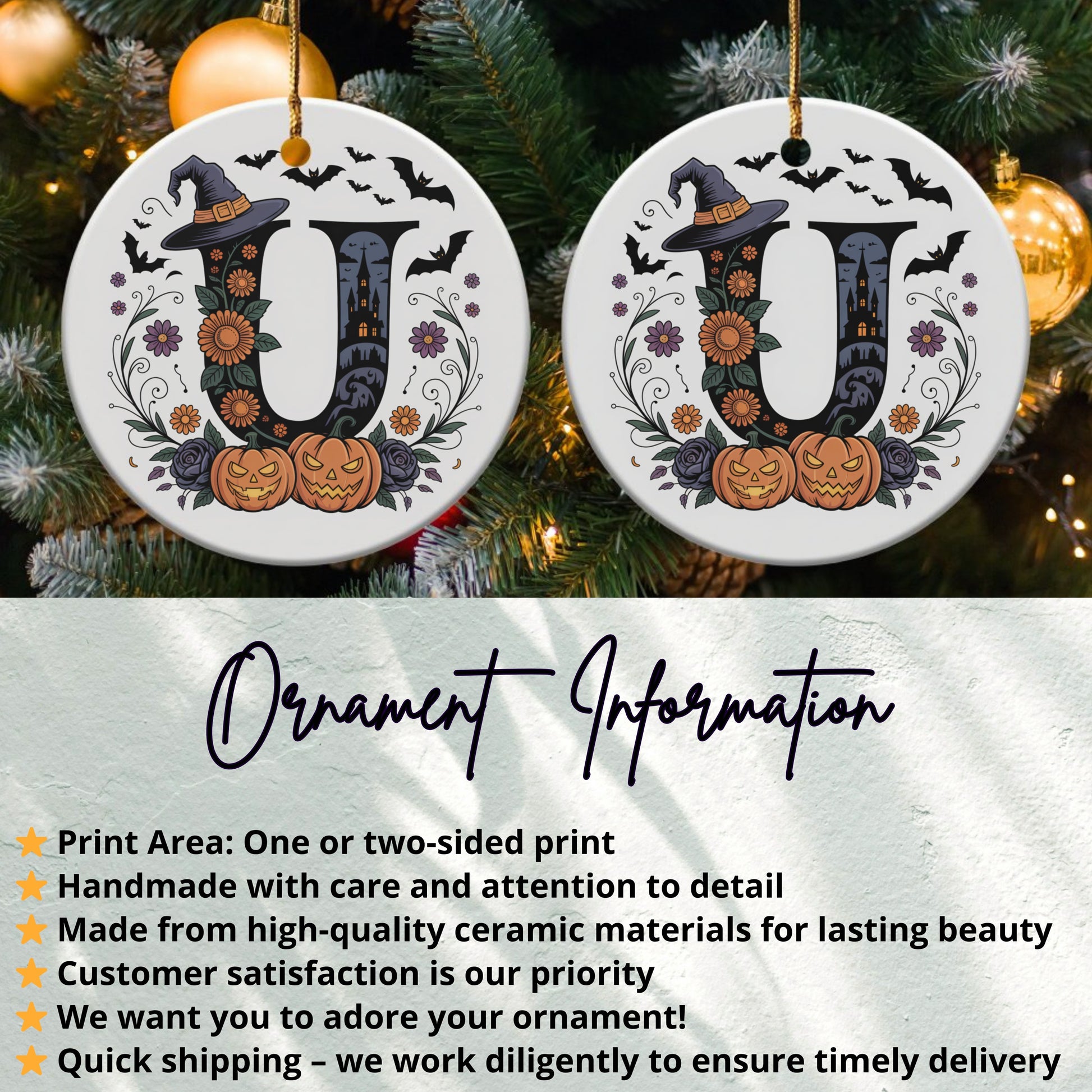 Halloween Themed U Initial Ceramic Ornament product