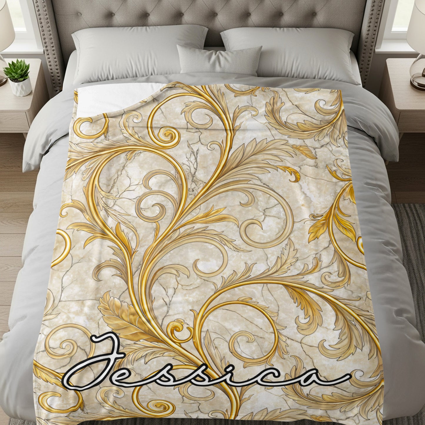 Golden Floral Design With A Custom Name Blankets - Walk Greener