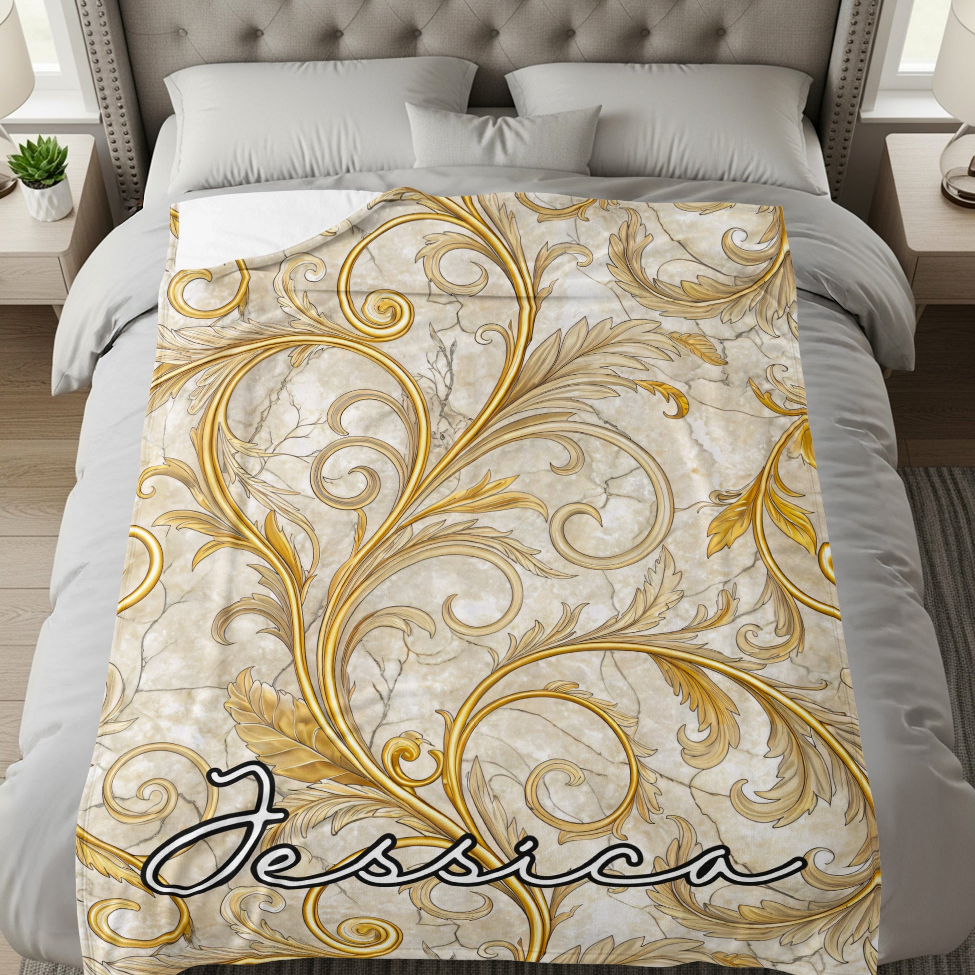 Golden Floral Design With A Custom Name Blankets - Walk Greener