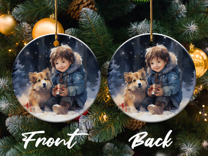 Adorable Child and Dog Christmas Round Ornament product