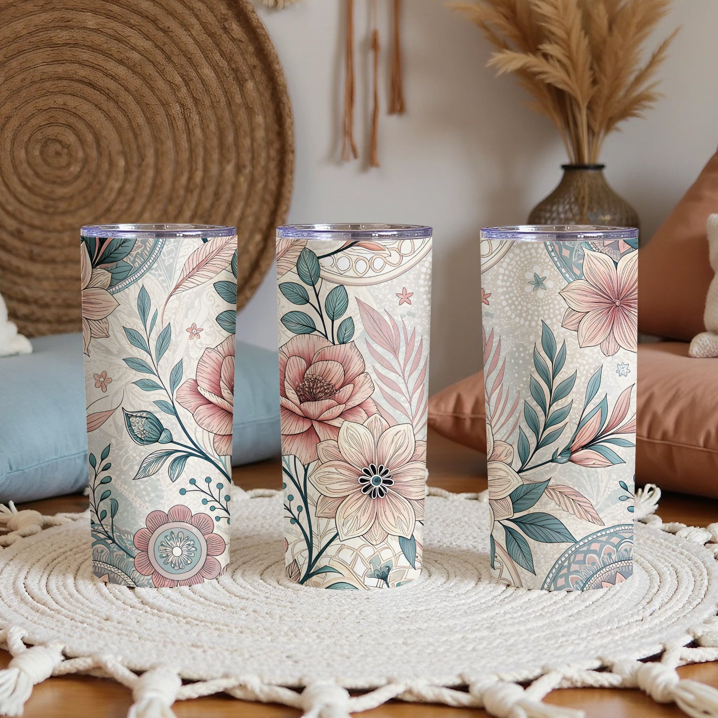 Floral Patterned Insulated Tumbler with Lid Tumbler