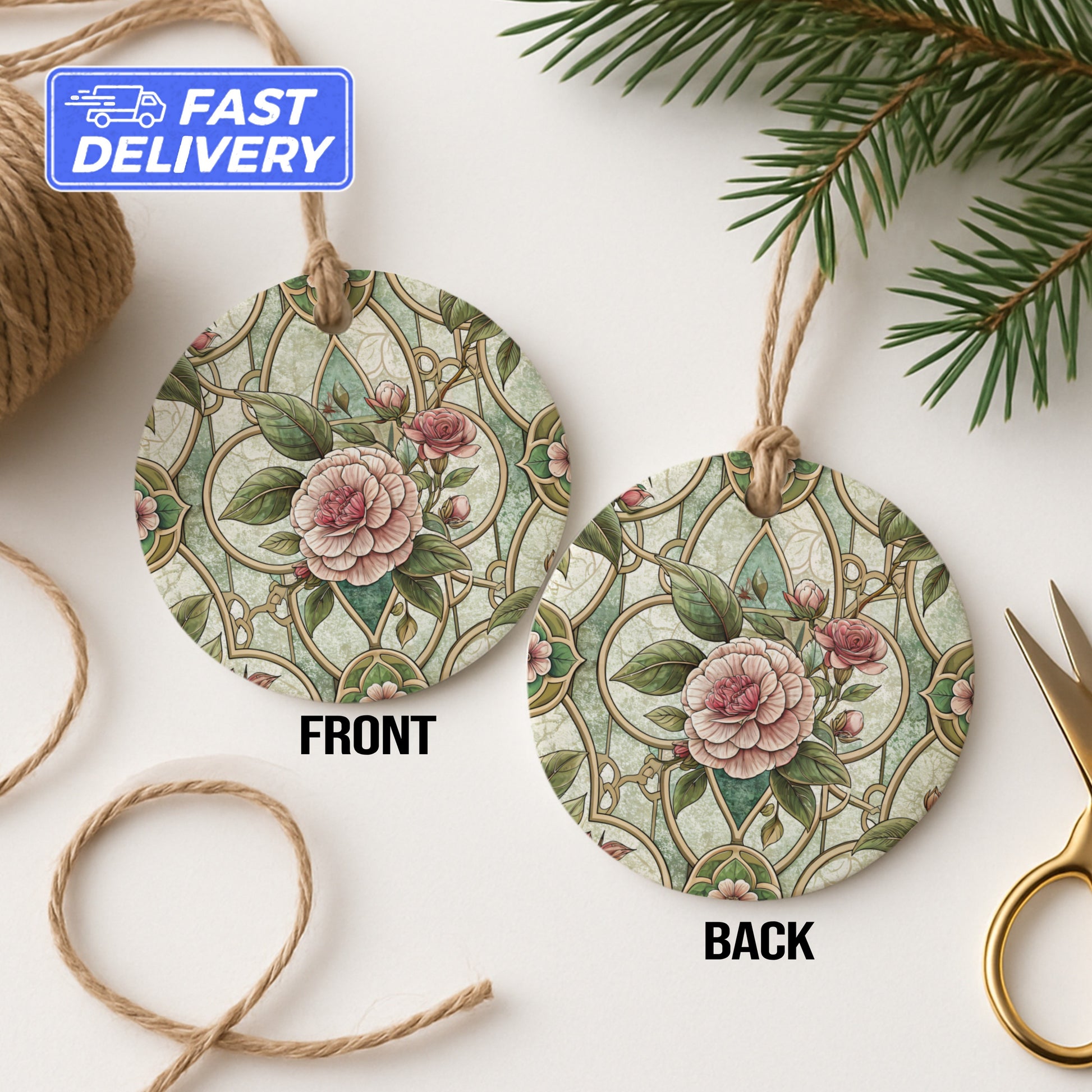 Vintage Floral Design Round Ornament Front Back