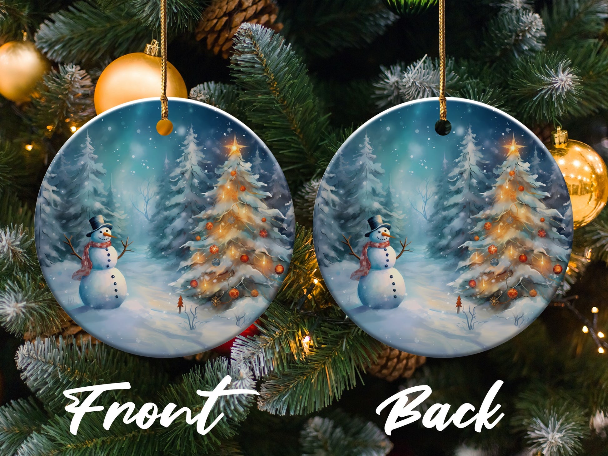 Snowy Christmas Tree and Snowman Scene Ornament product