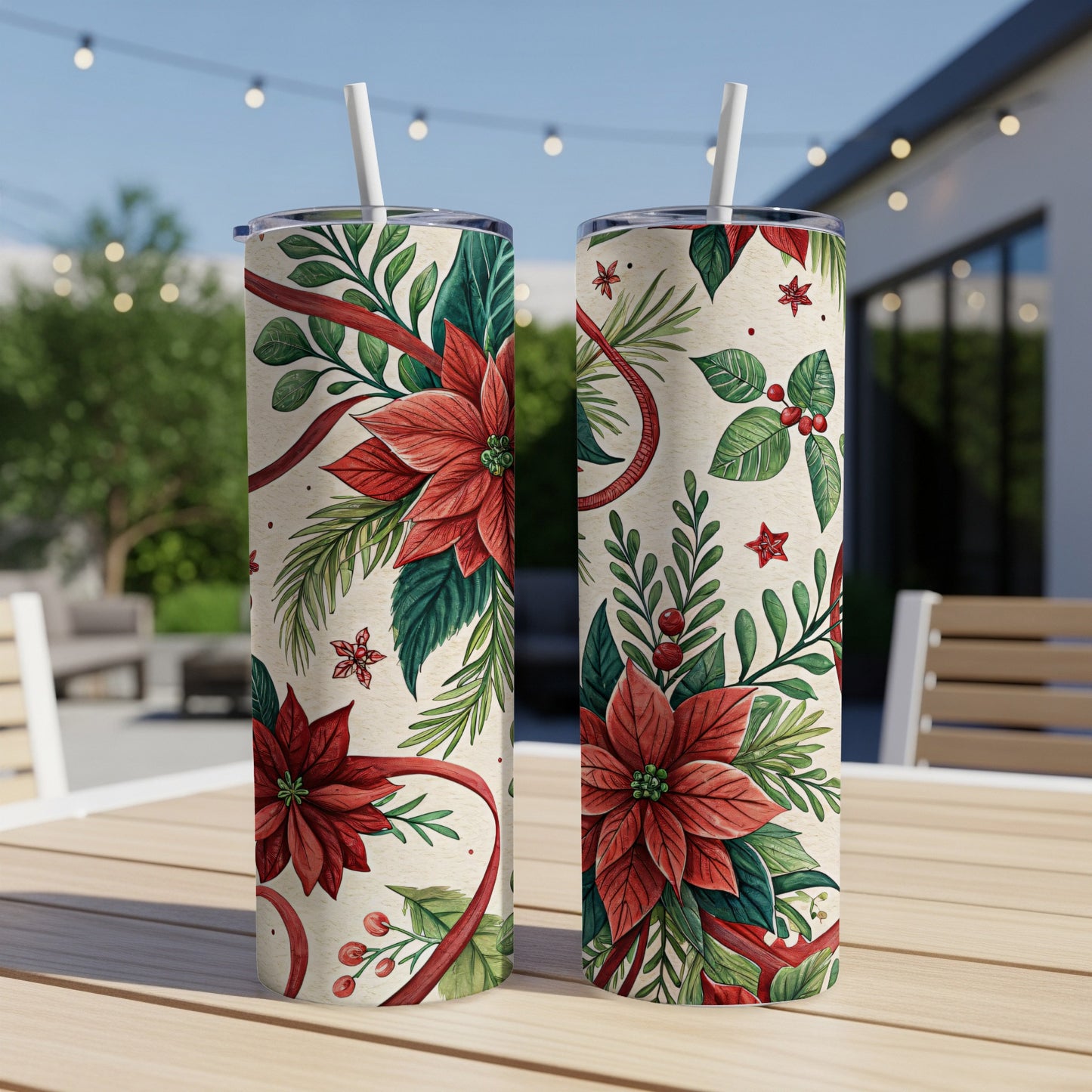 Festive Poinsettia and Foliage Design Tumbler Cup