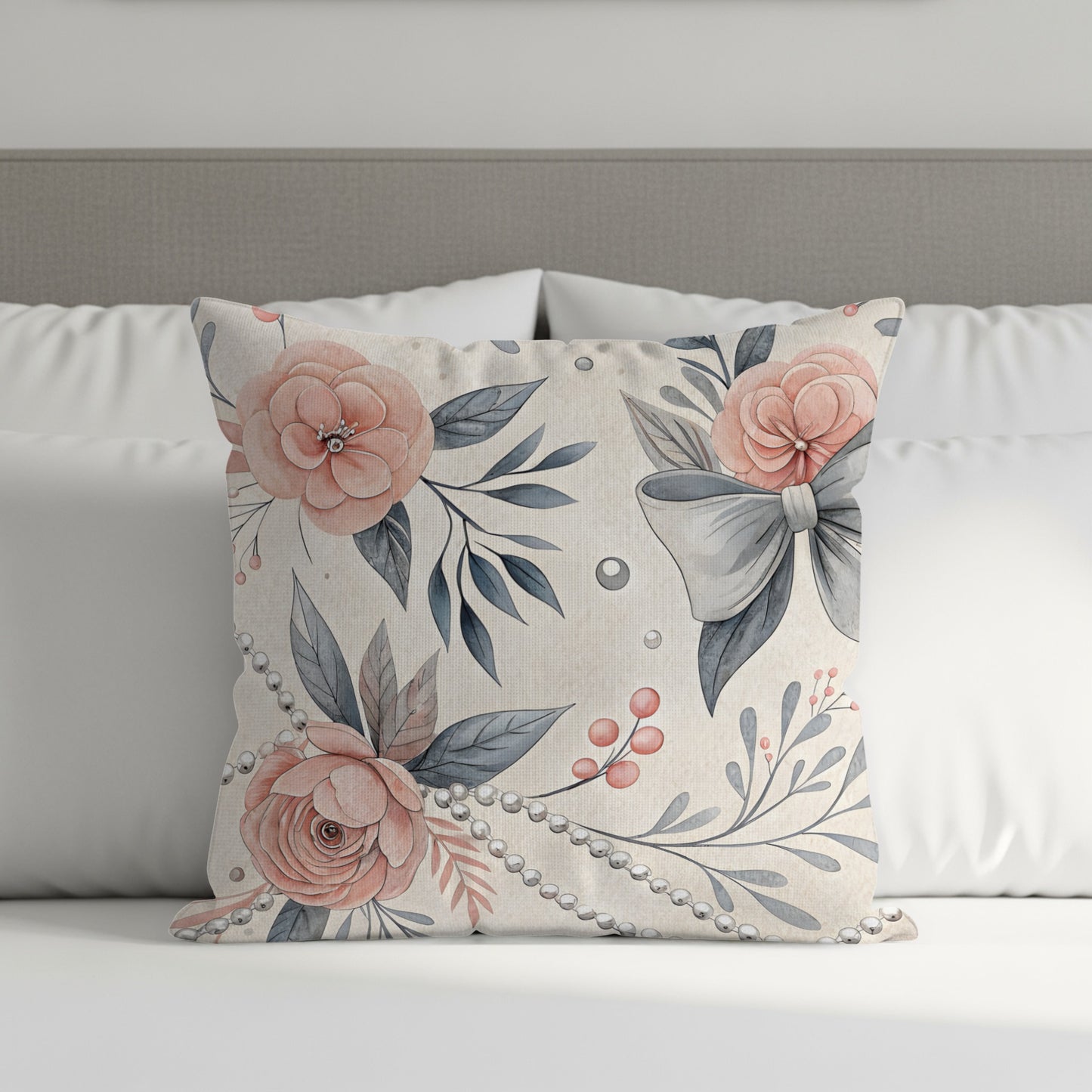 Elegant Floral and Bow Accent Throw Pillow Design
