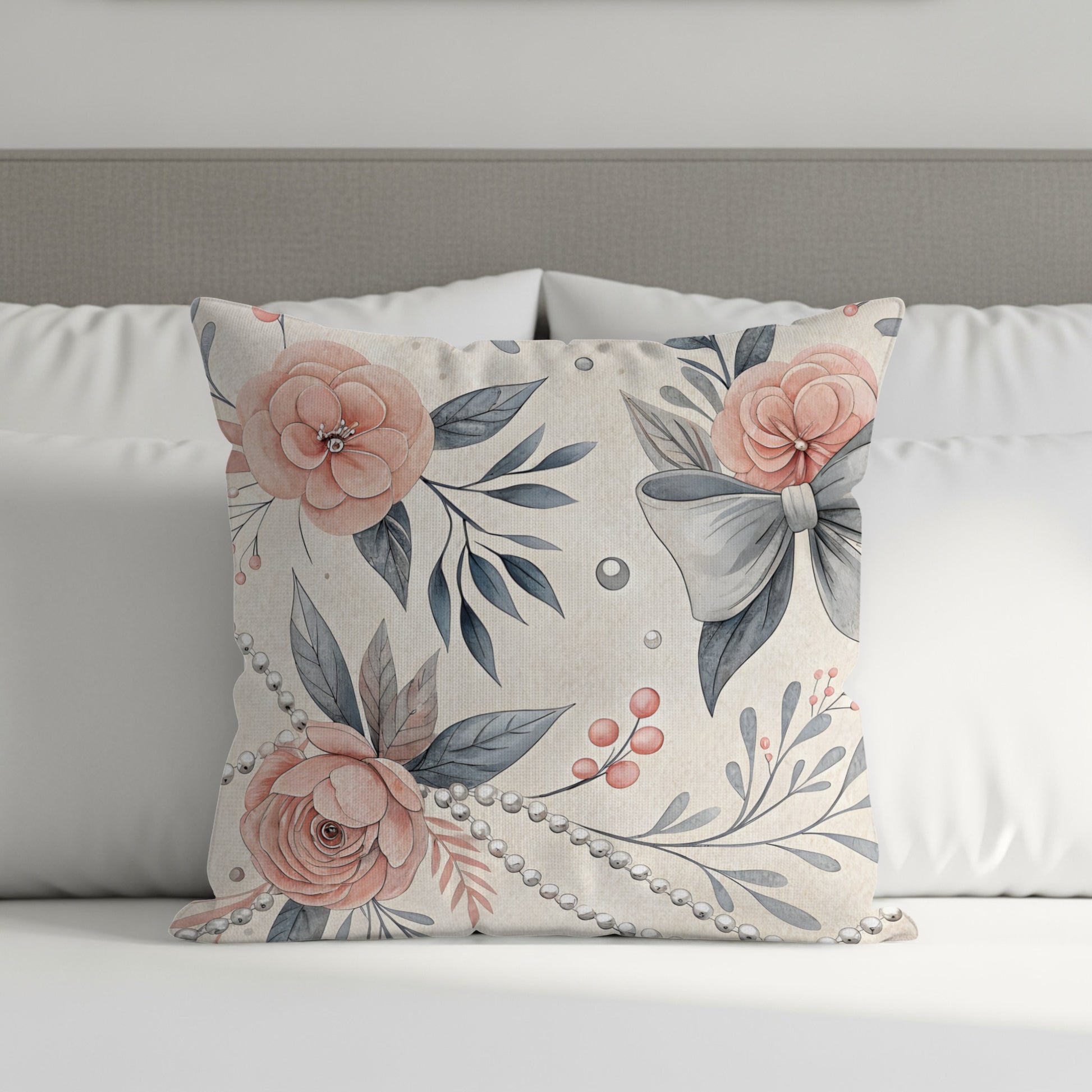 Elegant Floral and Bow Accent Throw Pillow Design