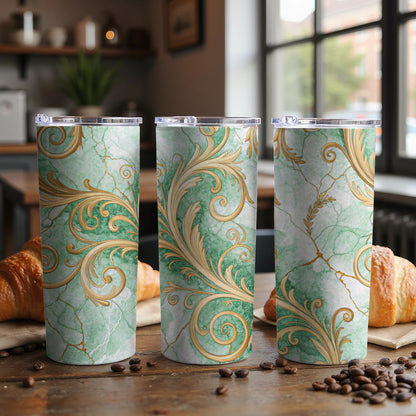 Elegant Green and Gold Swirl Design Tumbler