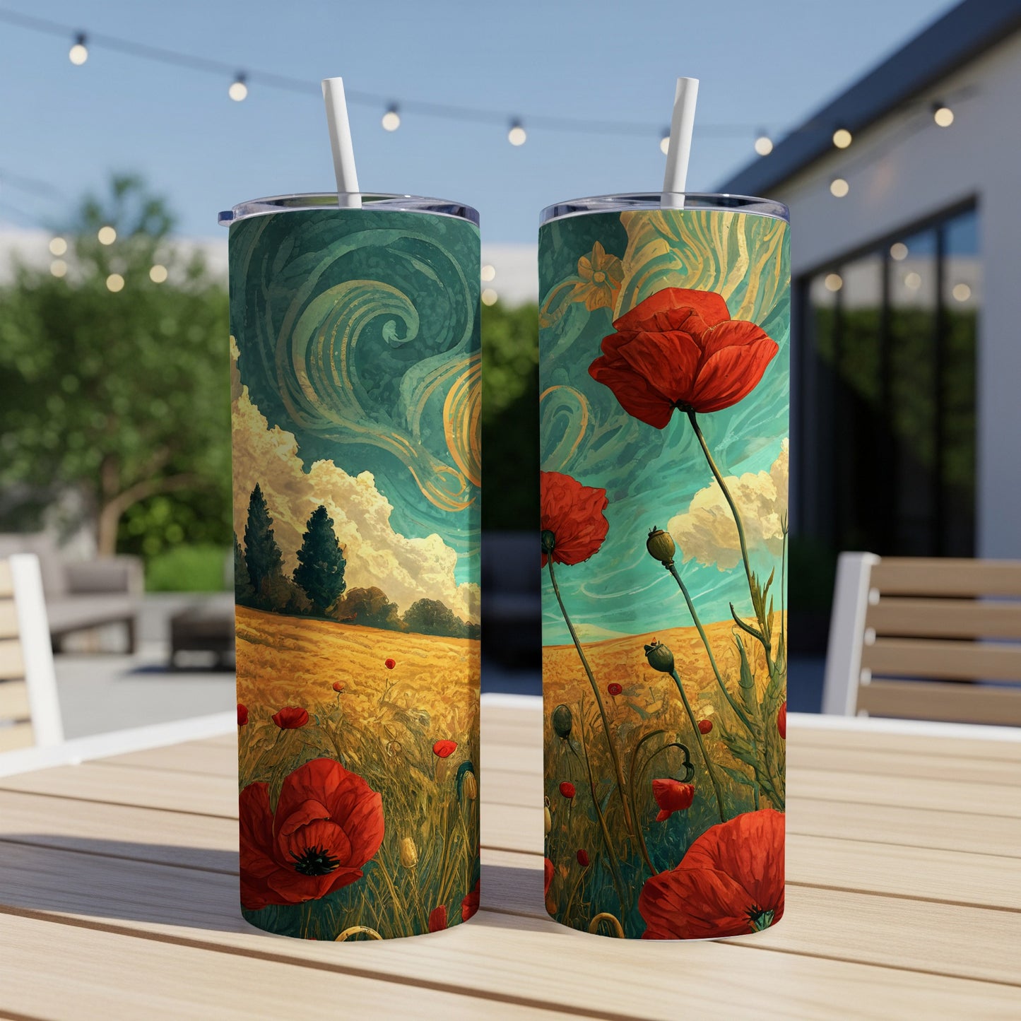 Vibrant Landscape and Poppies Design Tumbler Cup