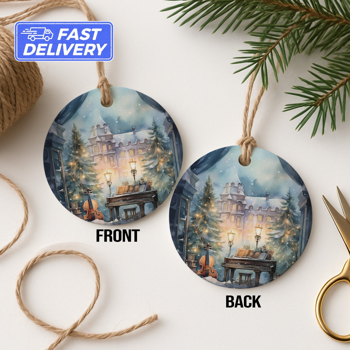 Elegant Christmas Ornaments Featuring Festive Scene product type