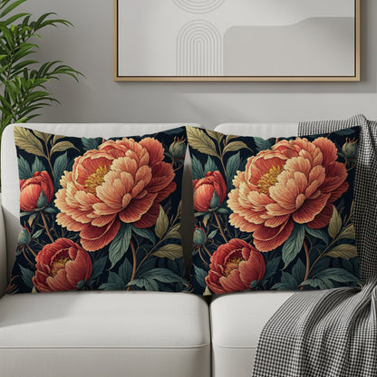 Botanical Peony Garden Print in Coral and Teal Decorative Floral Throw Pillows - Walk Greener