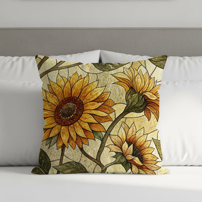 Sunflower Stained Glass Style Pattern Golden Background Throw Pillows - Walk Greener