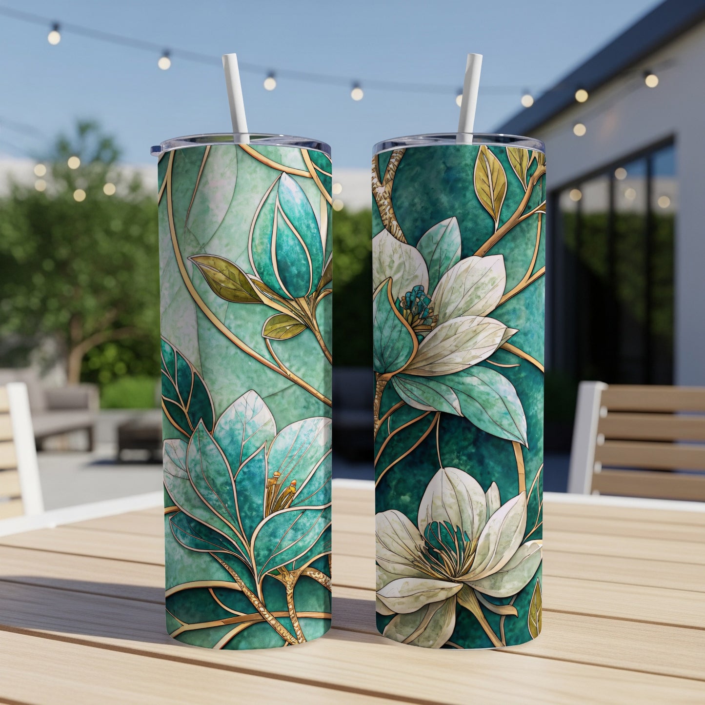 Teal Stained Glass Floral Art Design on 20 oz Skinny Tumbler - Walk Greener