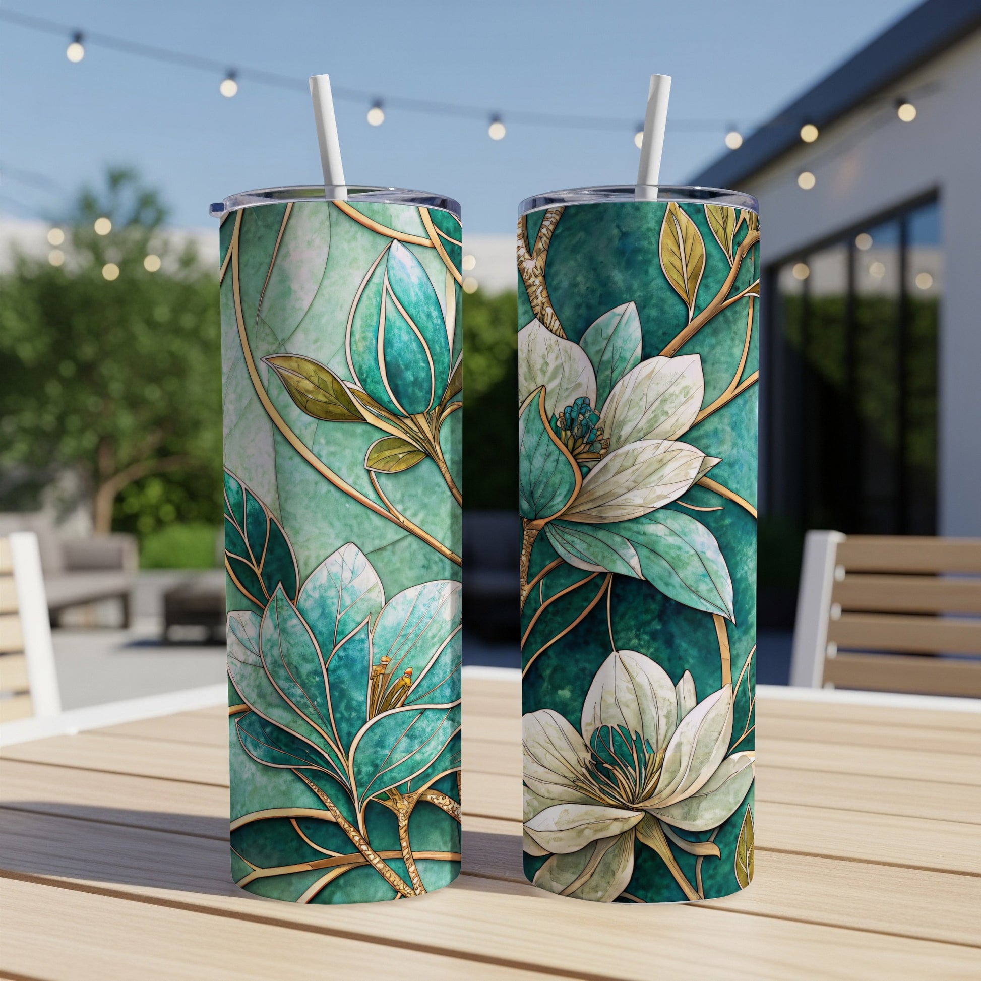 Teal Stained Glass Floral Art Design on 20 oz Skinny Tumbler - Walk Greener