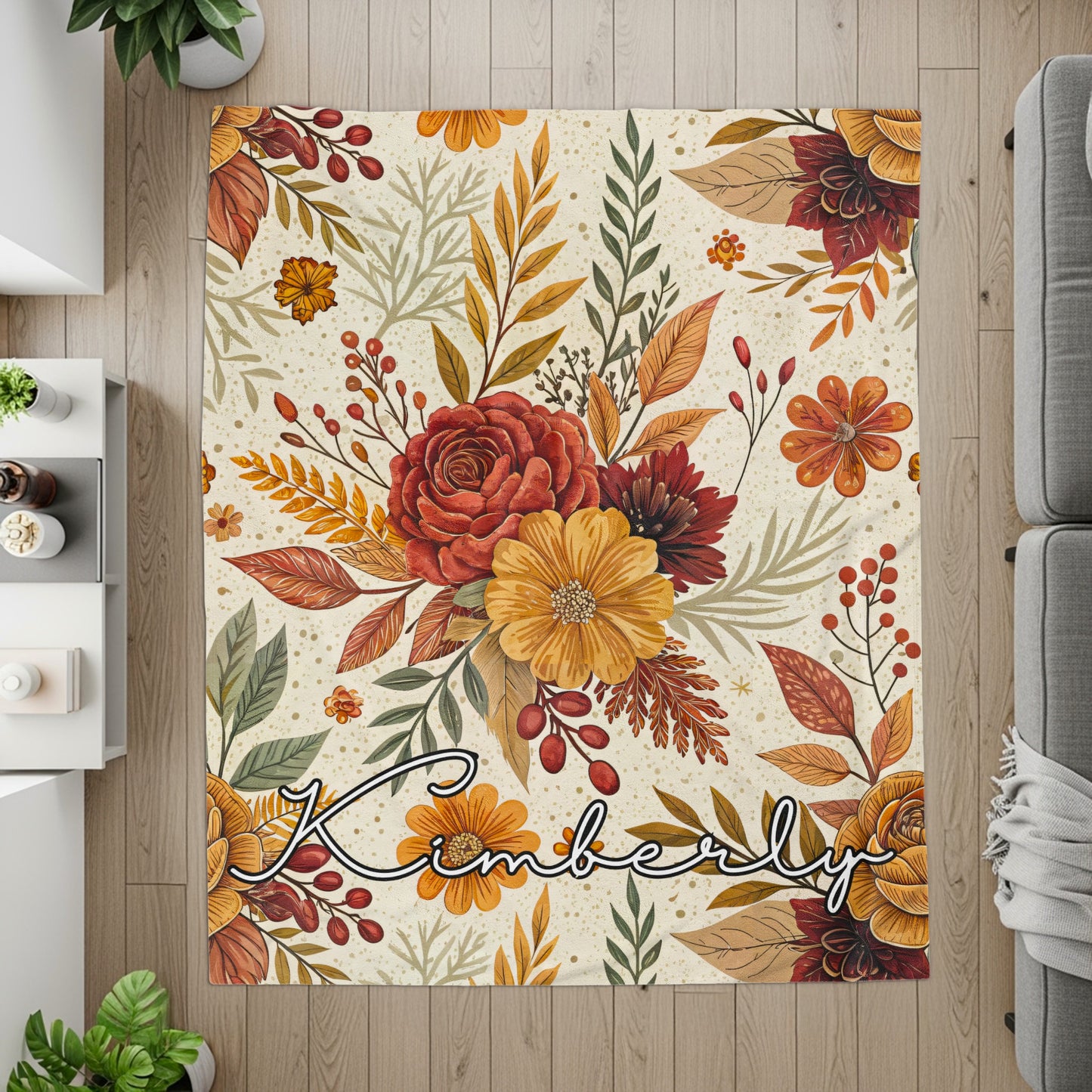 Colorful Autumn Floral Area Rug with Name Kimberly