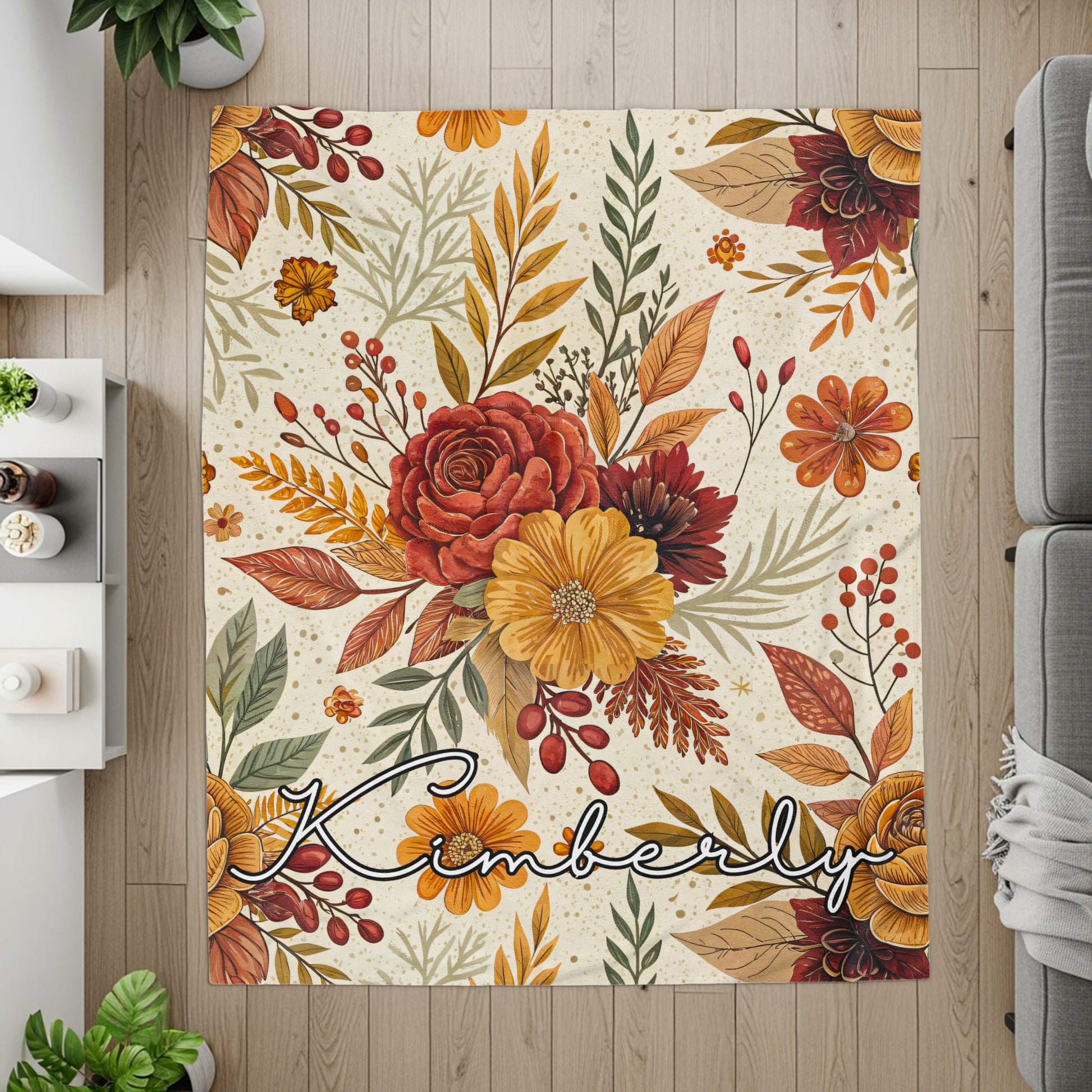 Colorful Autumn Floral Area Rug with Name Kimberly