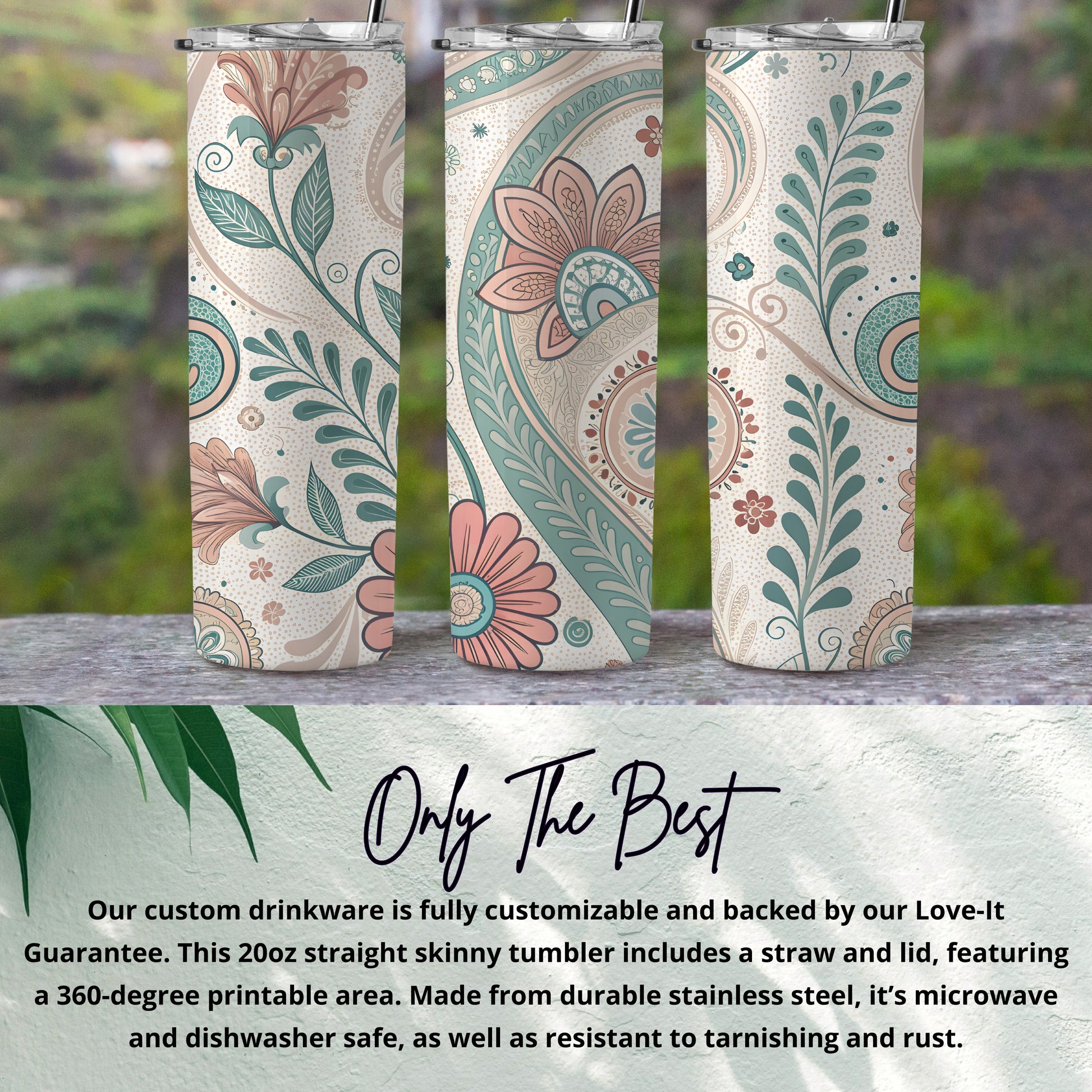 Floral Patterned 20oz Skinny Tumbler with Lid and Straw