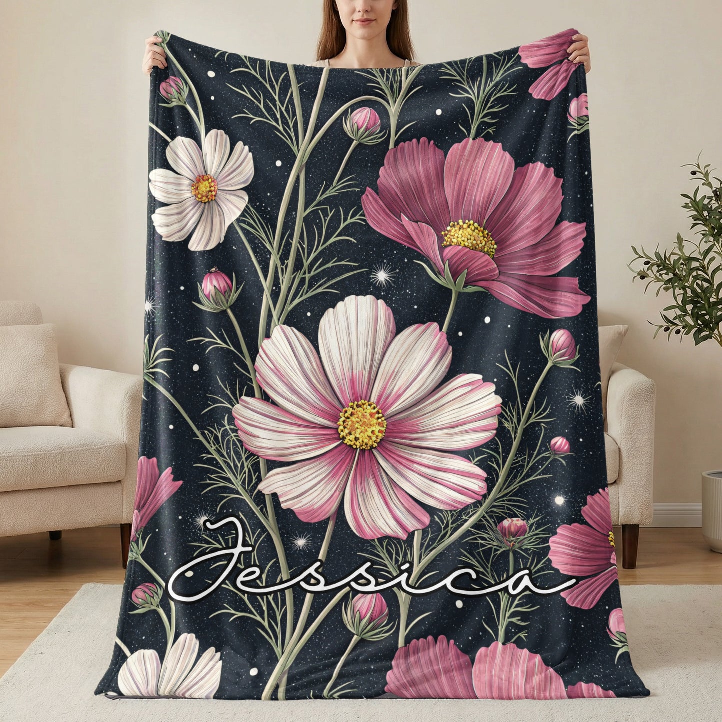 Cosmos Flowers With Custom Name On Dark Backdrop Custom Blanket - Walk Greener