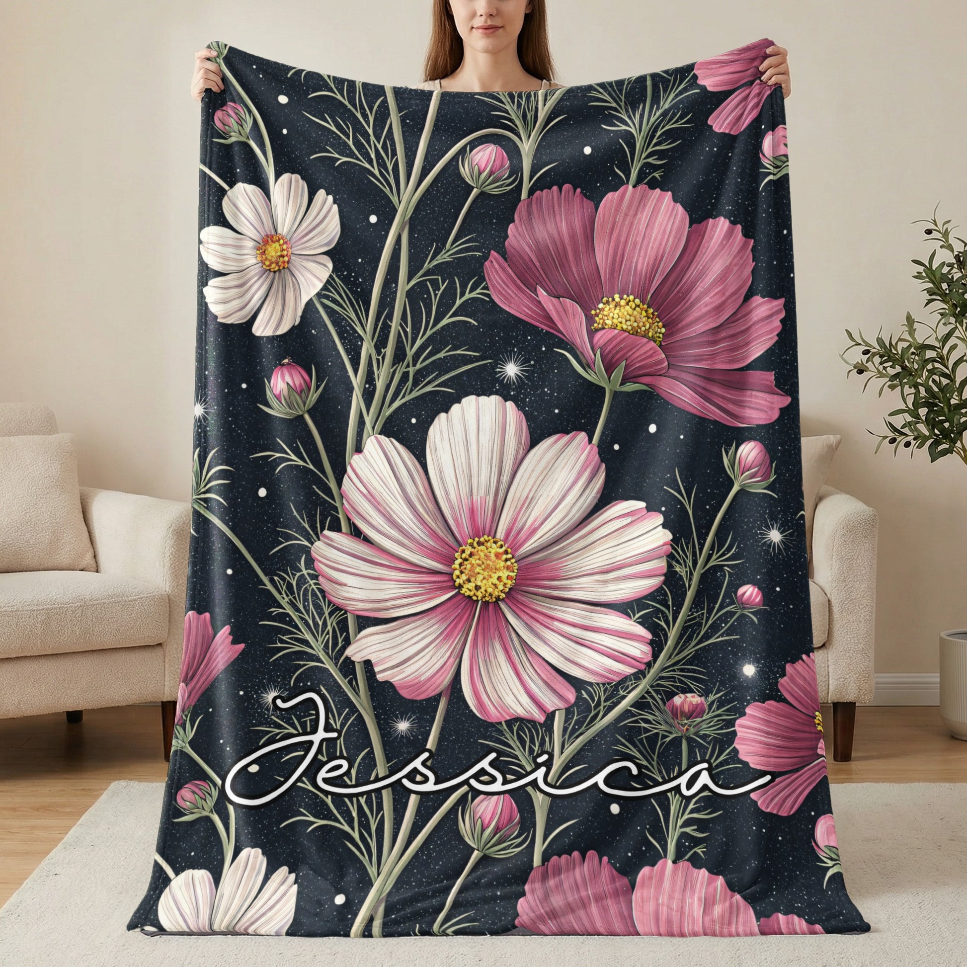 Cosmos Flowers With Custom Name On Dark Backdrop Custom Blanket - Walk Greener