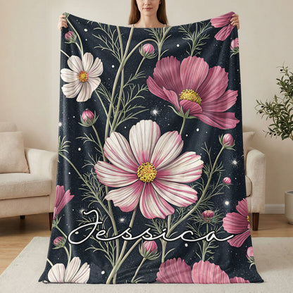 Cosmos Flowers With Custom Name On Dark Backdrop Custom Blanket - Walk Greener