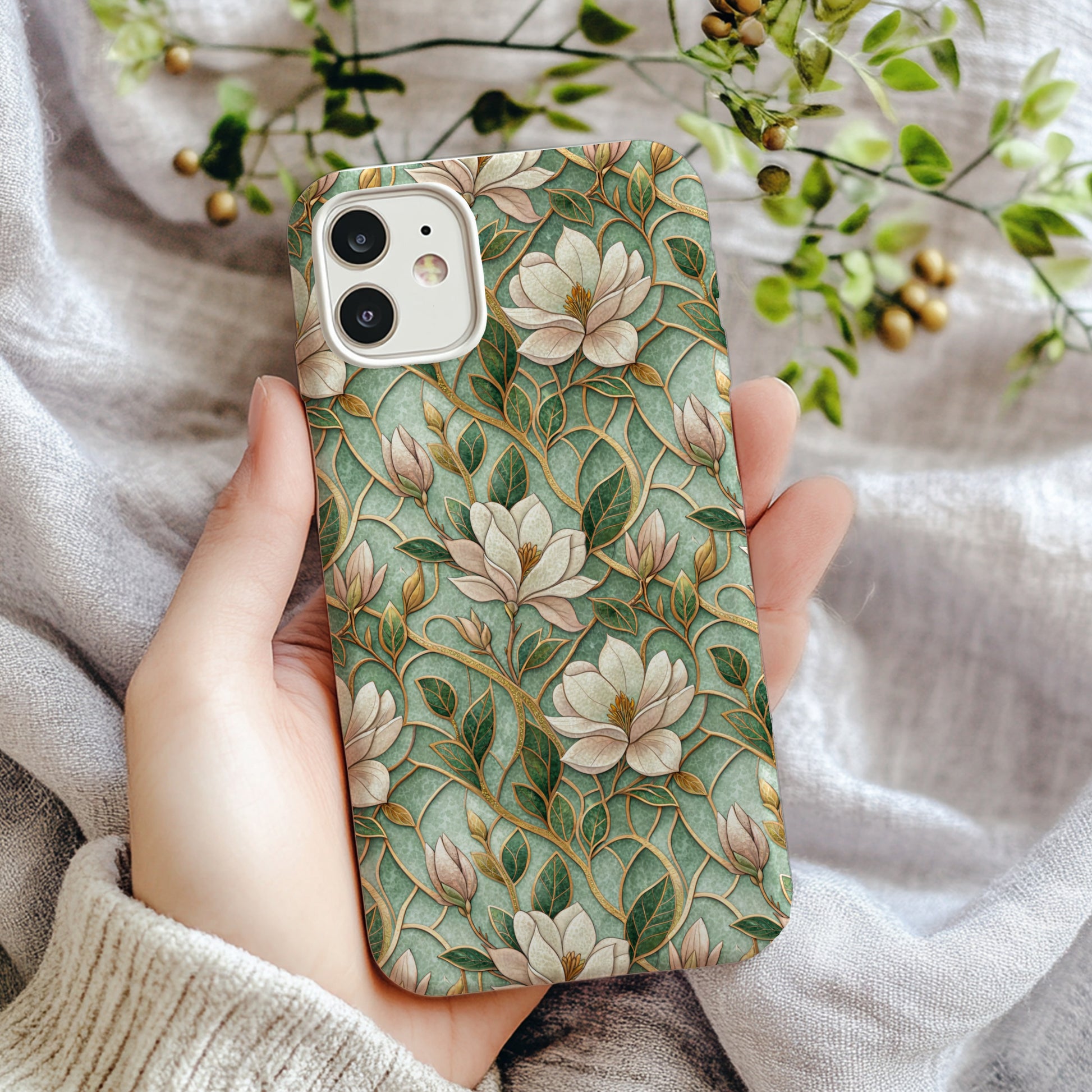 Floral Patterned Green and White Phone Case